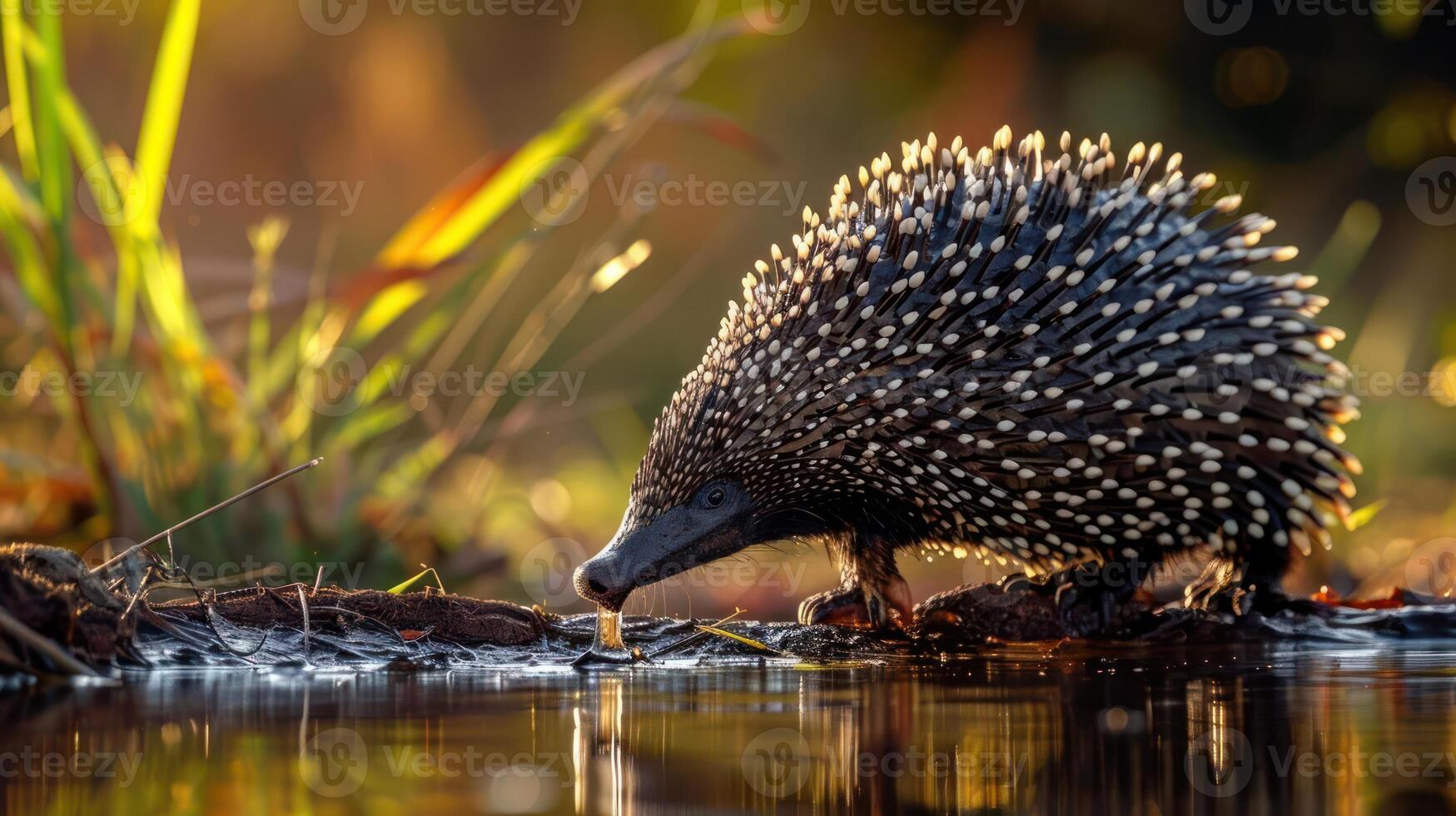 An echidna foraging near a shimmering water's edge, surrounded by lush greenery at sunset photo
