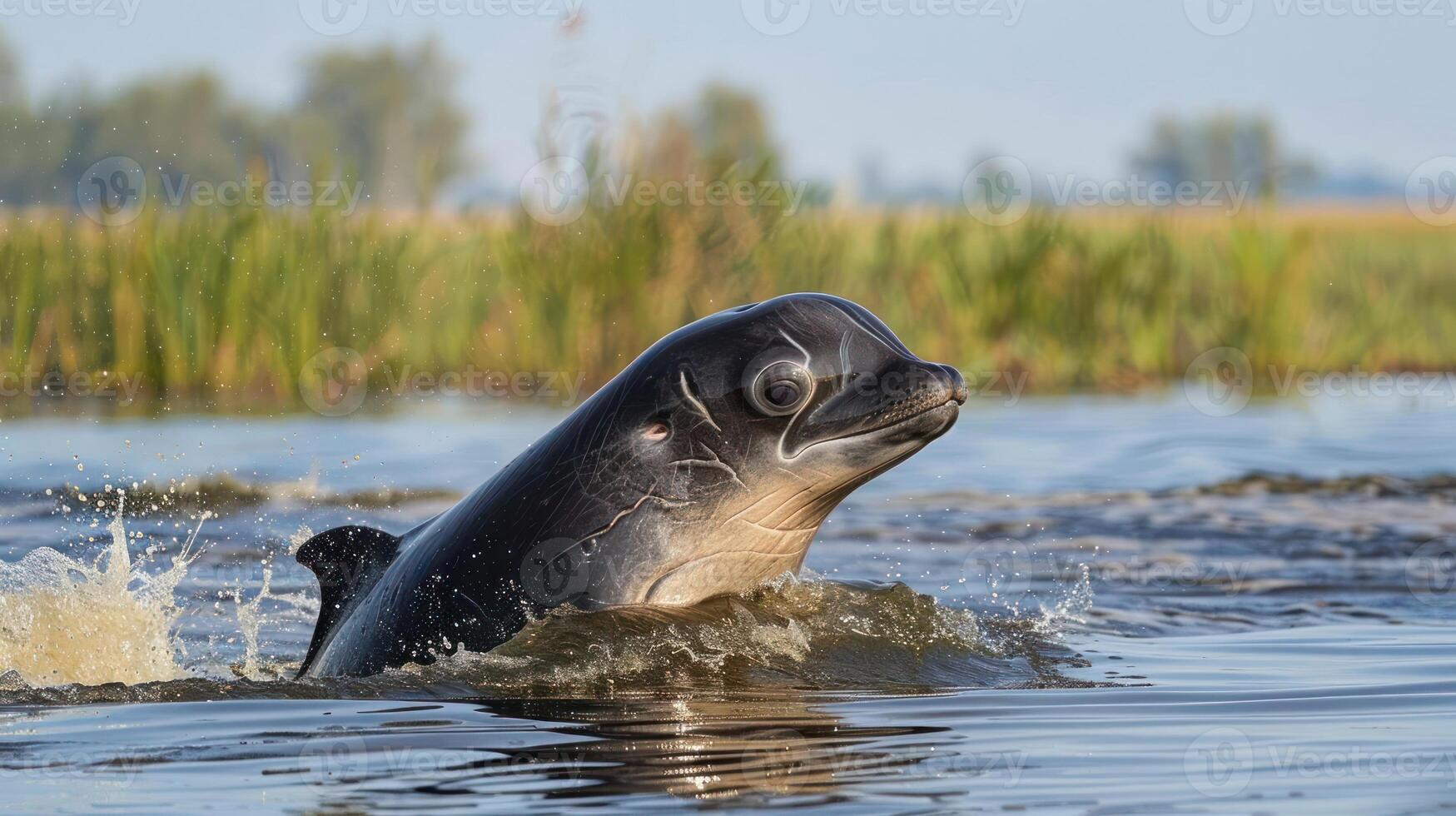 Playful dolphin splashing in serene waters with lush greenery in the background photo