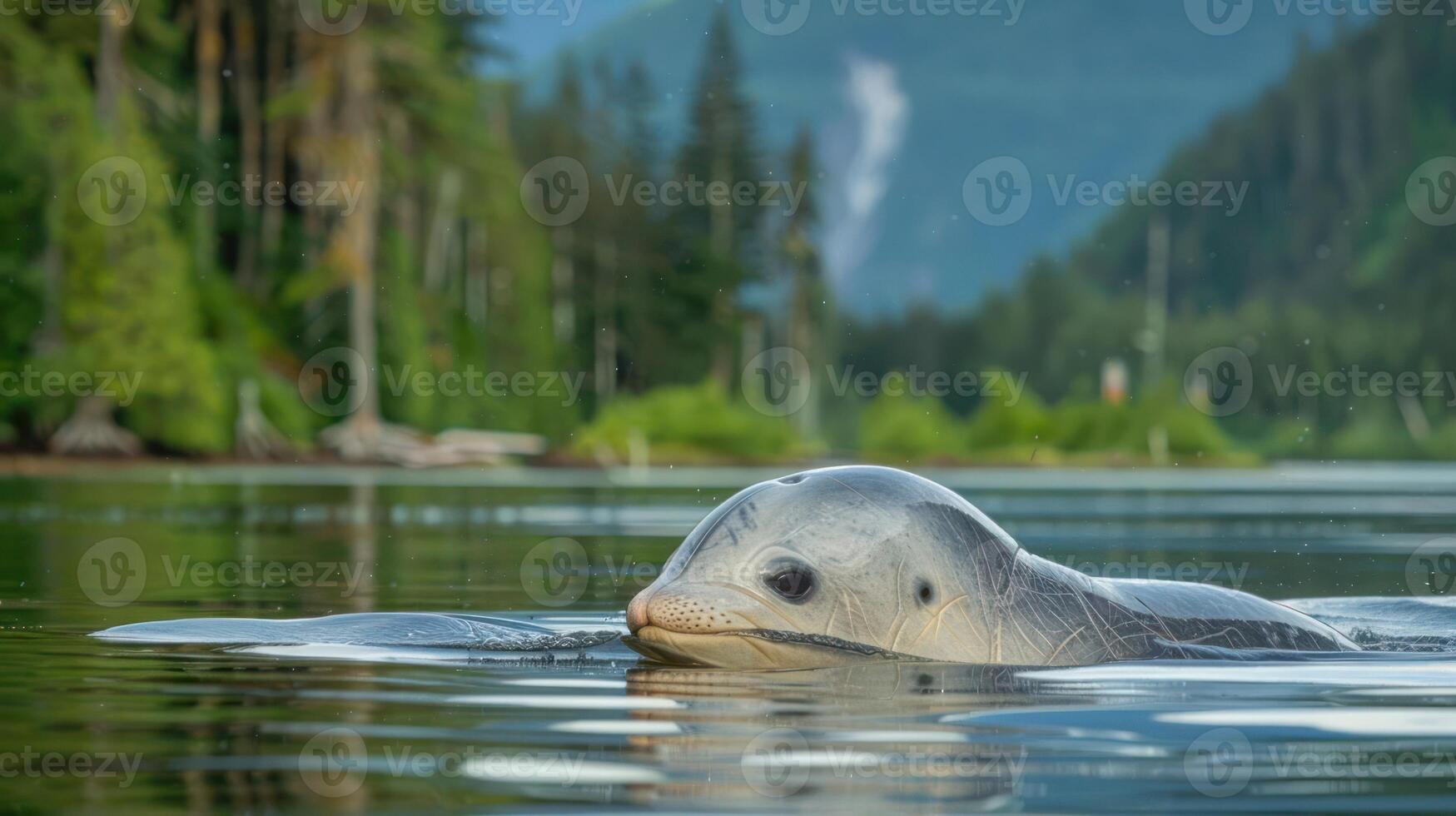 A serene seal swimming gracefully in a tranquil lake surrounded by lush green forests and mountains photo