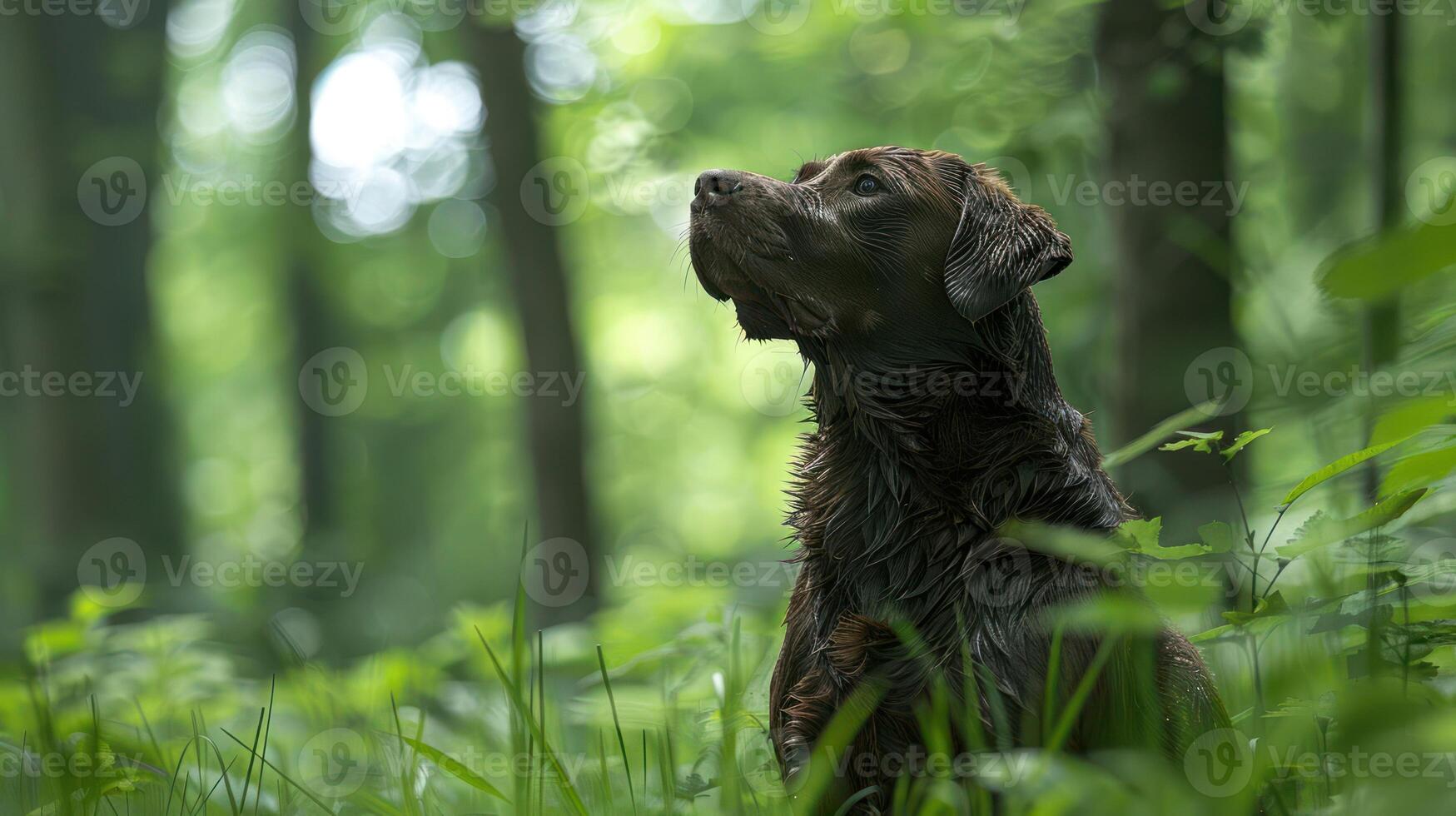 A brown dog gazes thoughtfully in a lush green forest, surrounded by vibrant foliage and sunlight photo
