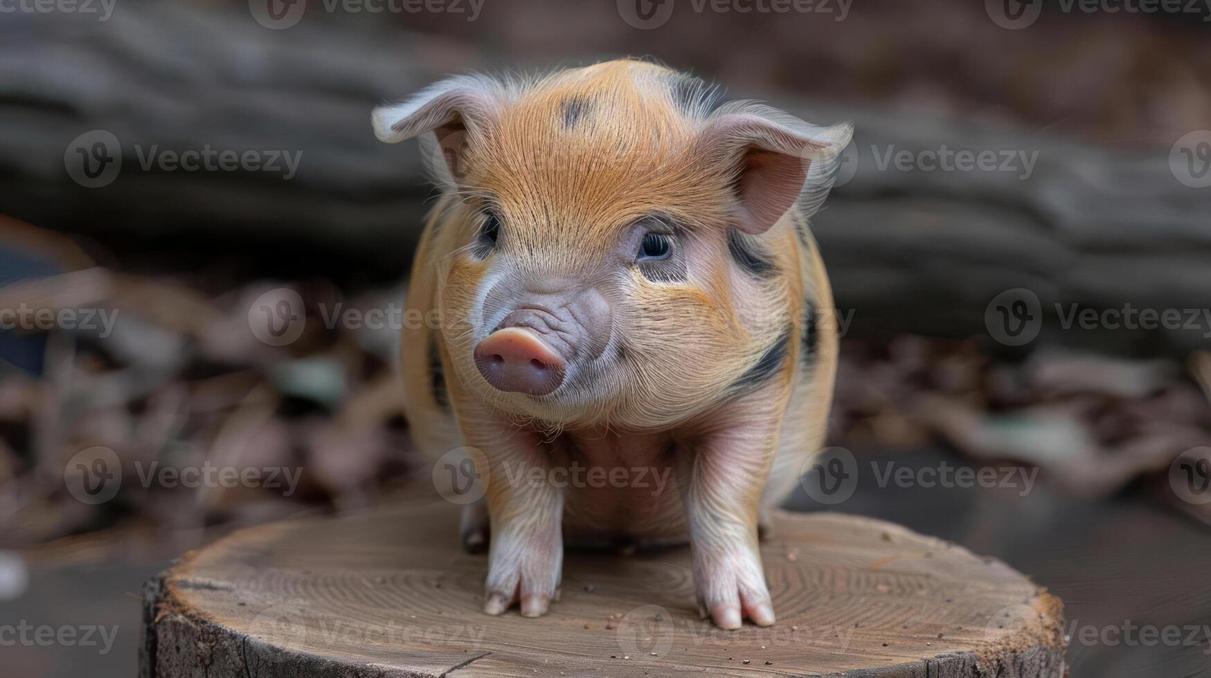 Adorable small piglet standing on a wooden stump amidst autumn leaves in a serene environment photo