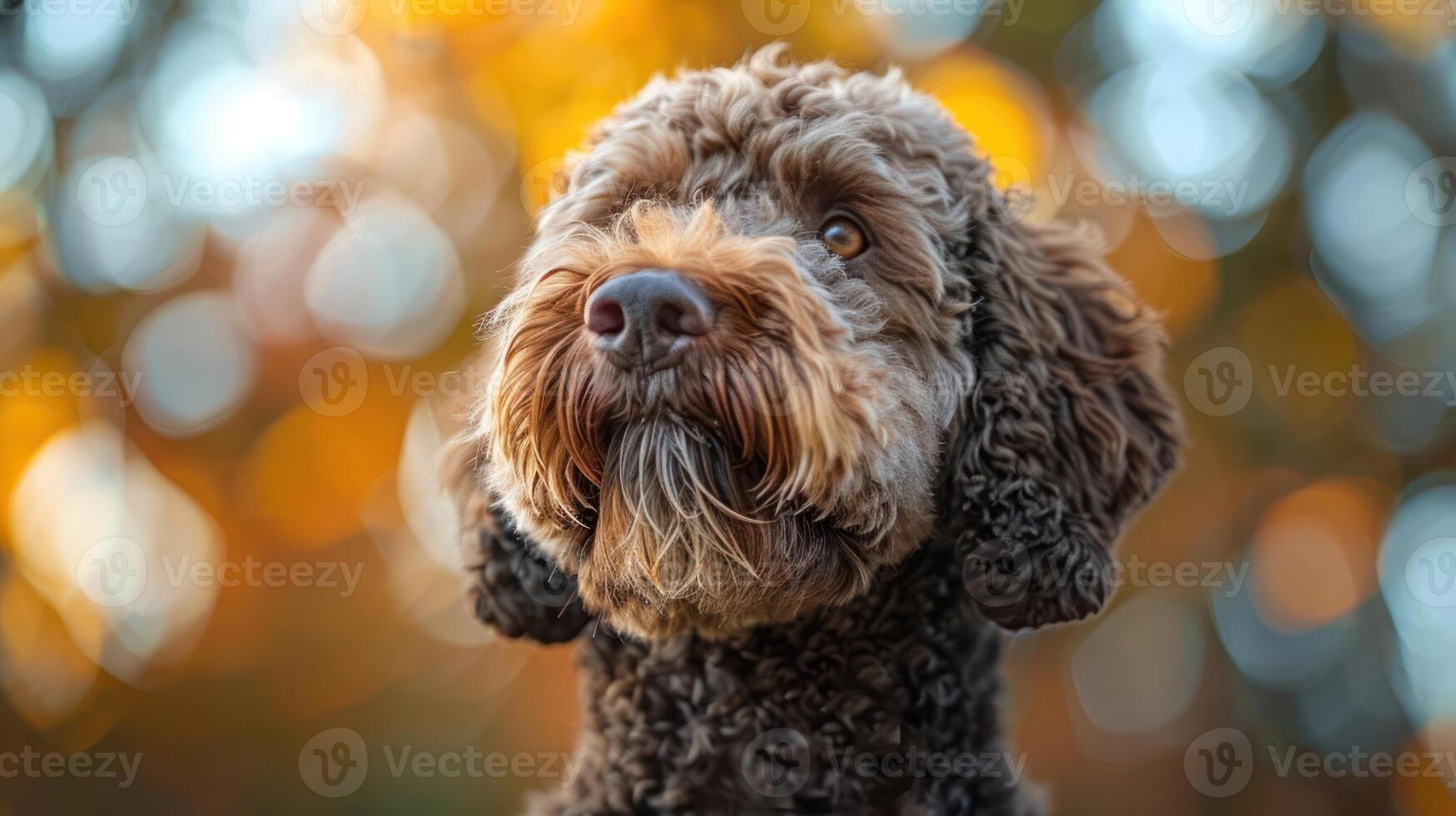 A close-up portrait of a brown dog with curly fur, gazing thoughtfully against a blurred autumn background photo