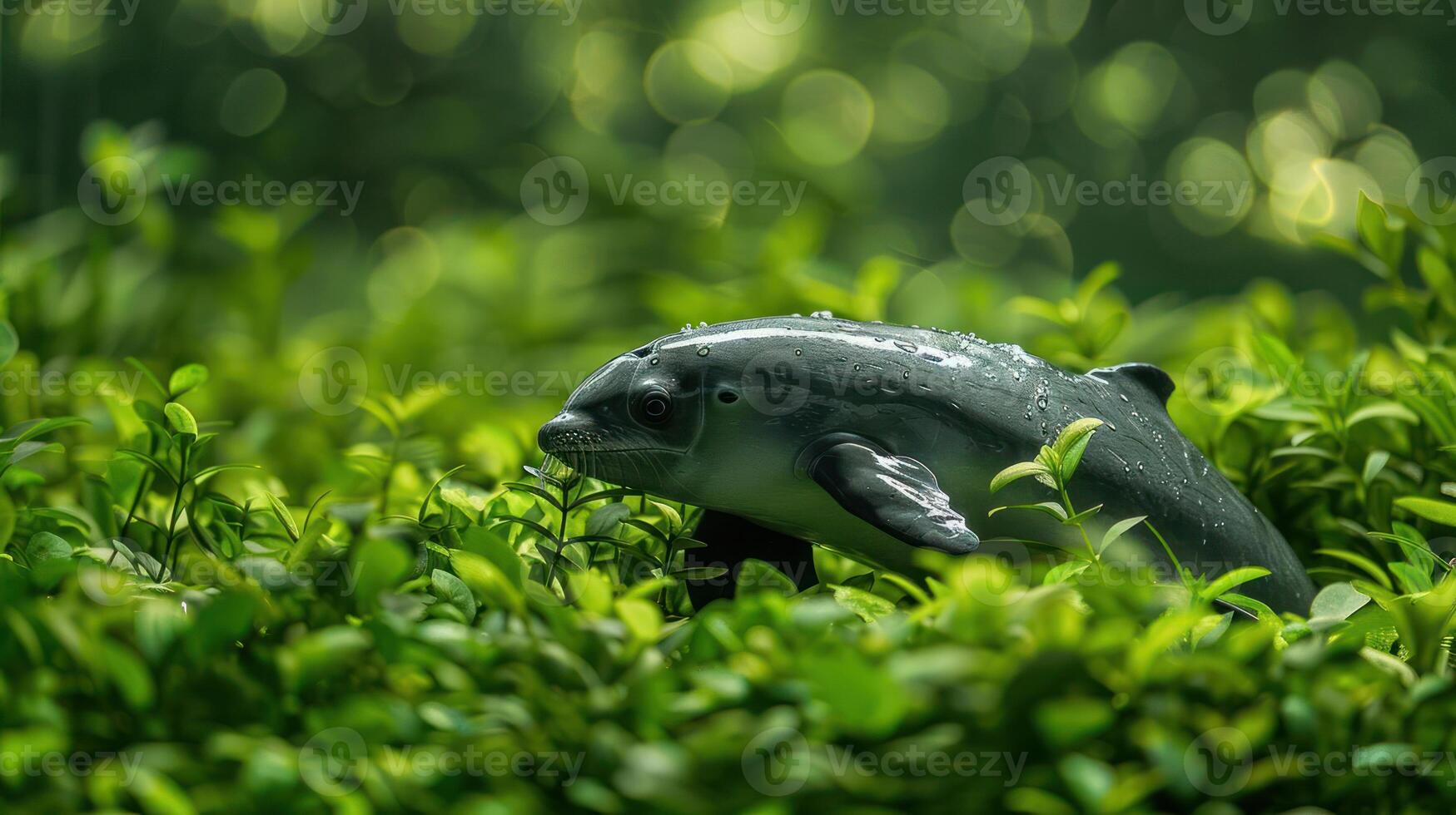 A serene scene of a dolphin swimming through lush green aquatic vegetation in a tranquil environment photo