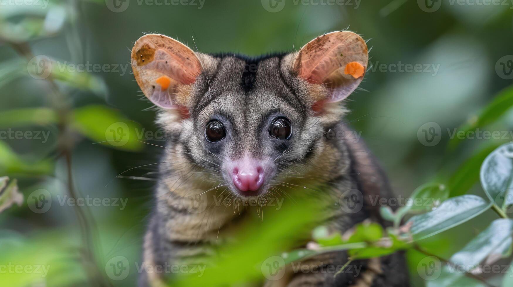 Close-up of a marsupial with distinct features amidst lush green foliage in a vibrant forest photo