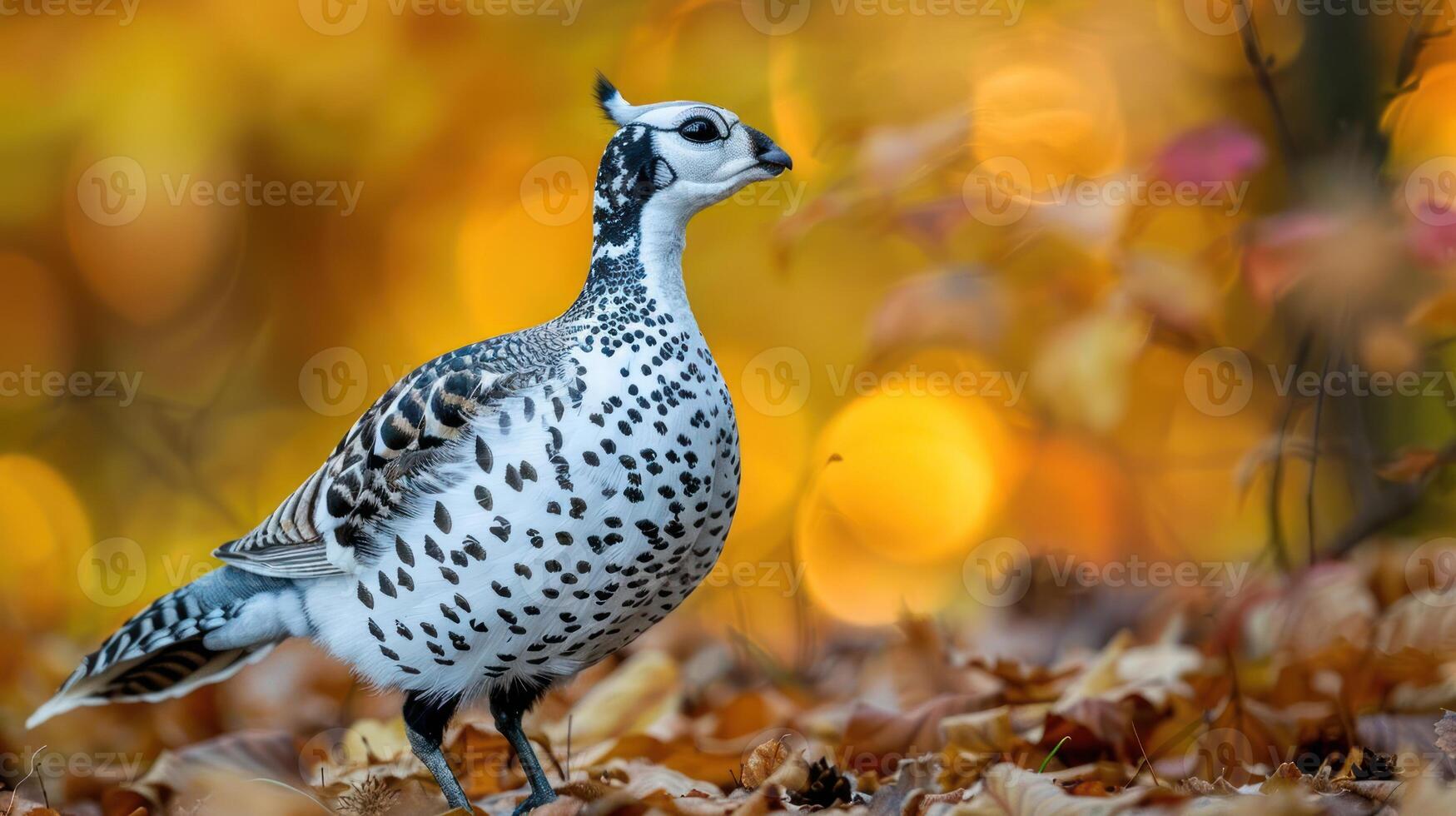Spotted bird standing amidst colorful autumn leaves with blurred background in nature photo