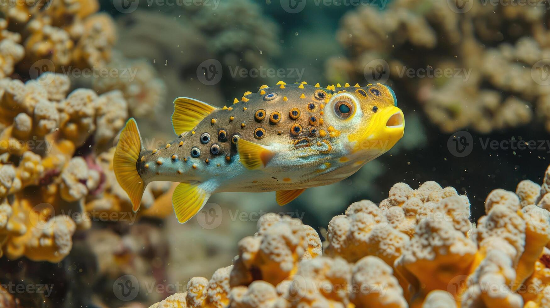 Colorful pufferfish swimming among vibrant coral reefs in a clear ocean environment photo