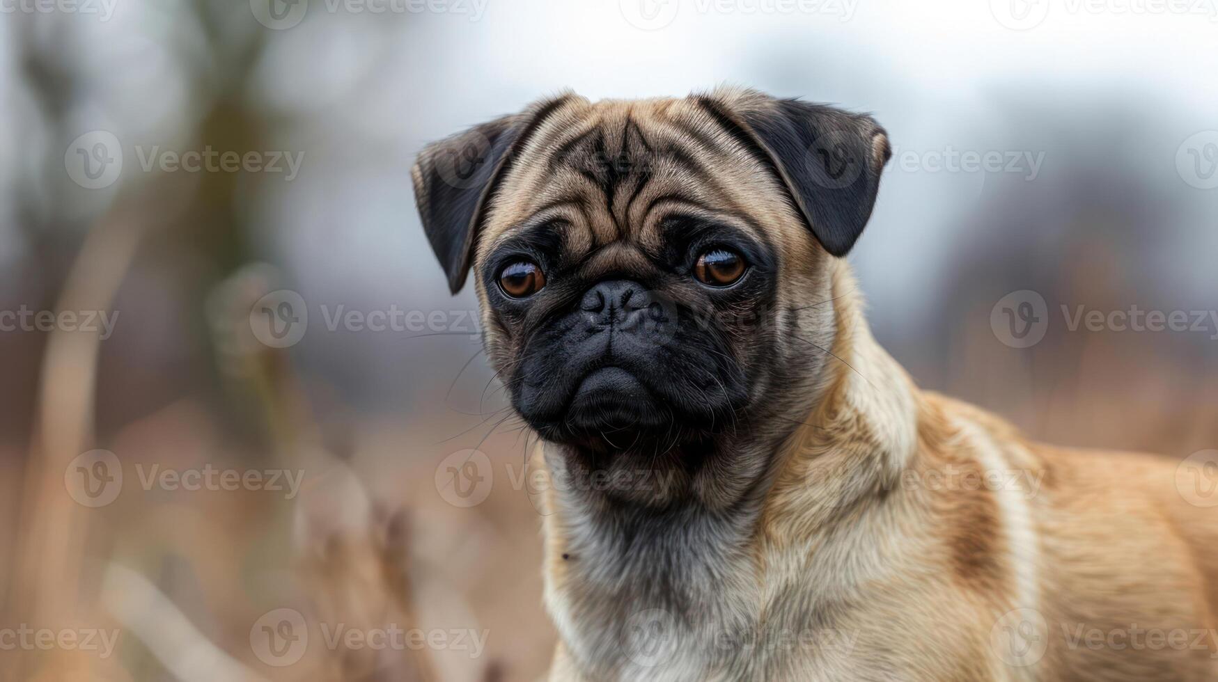 A close-up of a pug dog gazing thoughtfully in a blurred natural setting during winter photo