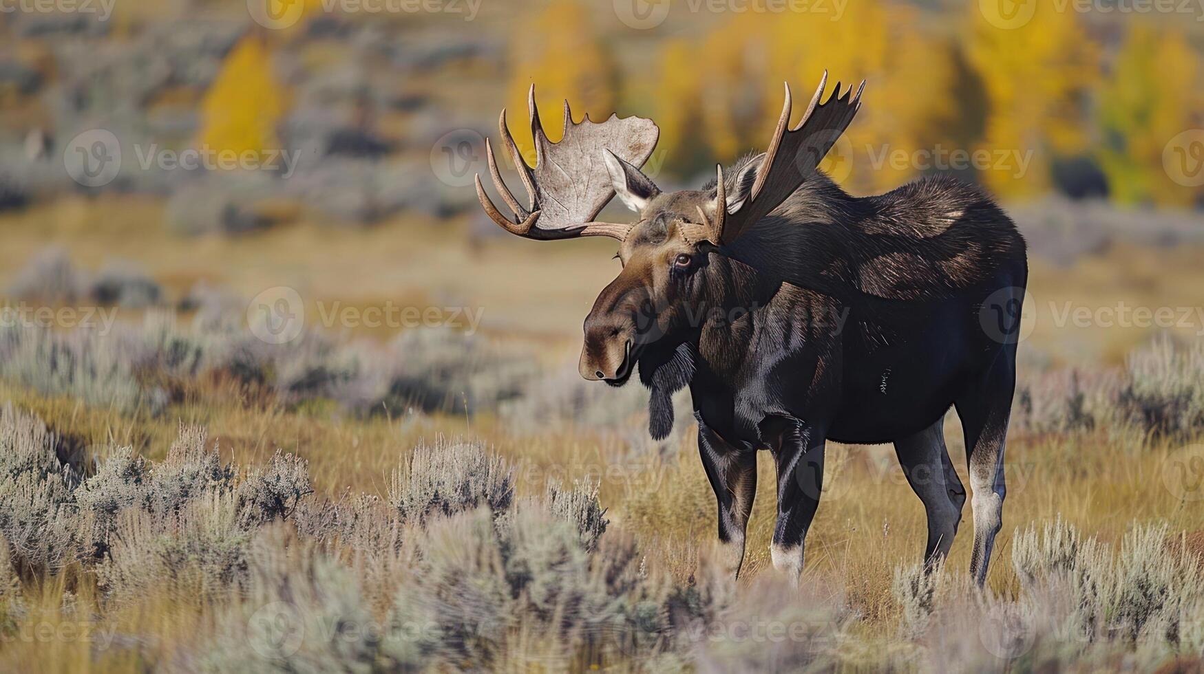 Majestic moose standing in a vibrant autumn landscape with golden trees in the background photo