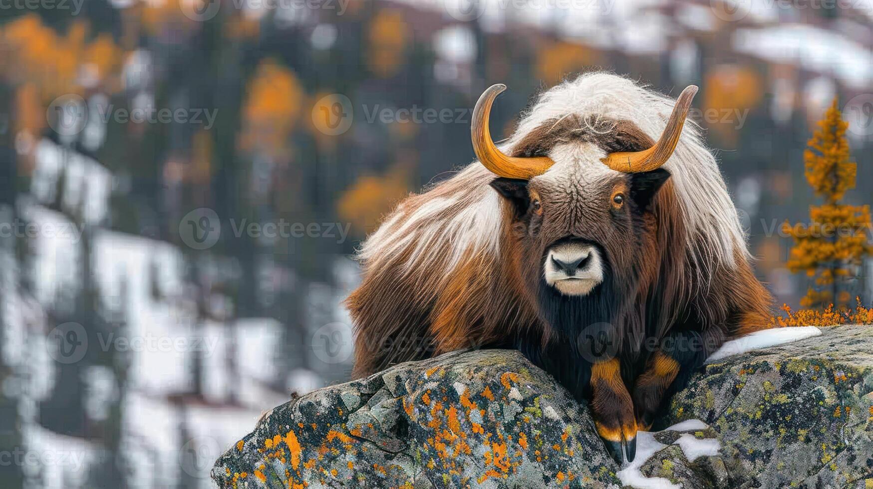 Majestic bison resting on a rocky outcrop amidst a colorful autumn landscape photo