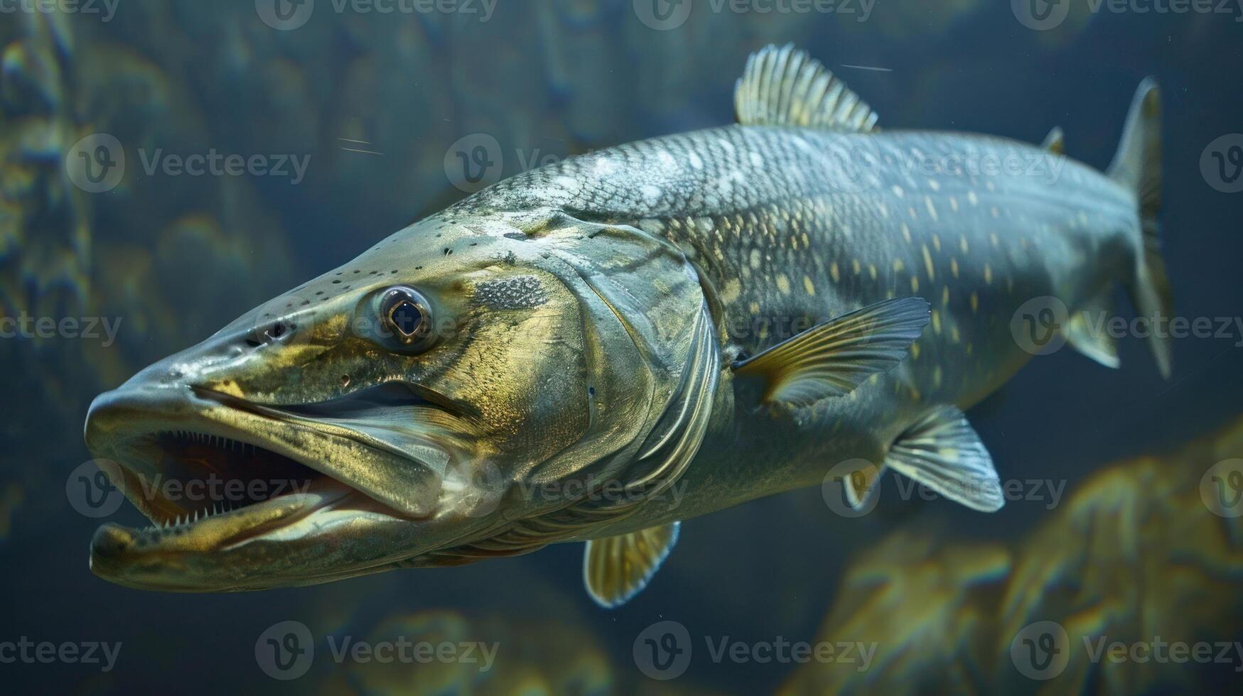 Underwater view of a large predatory fish swimming gracefully through rocky terrain photo