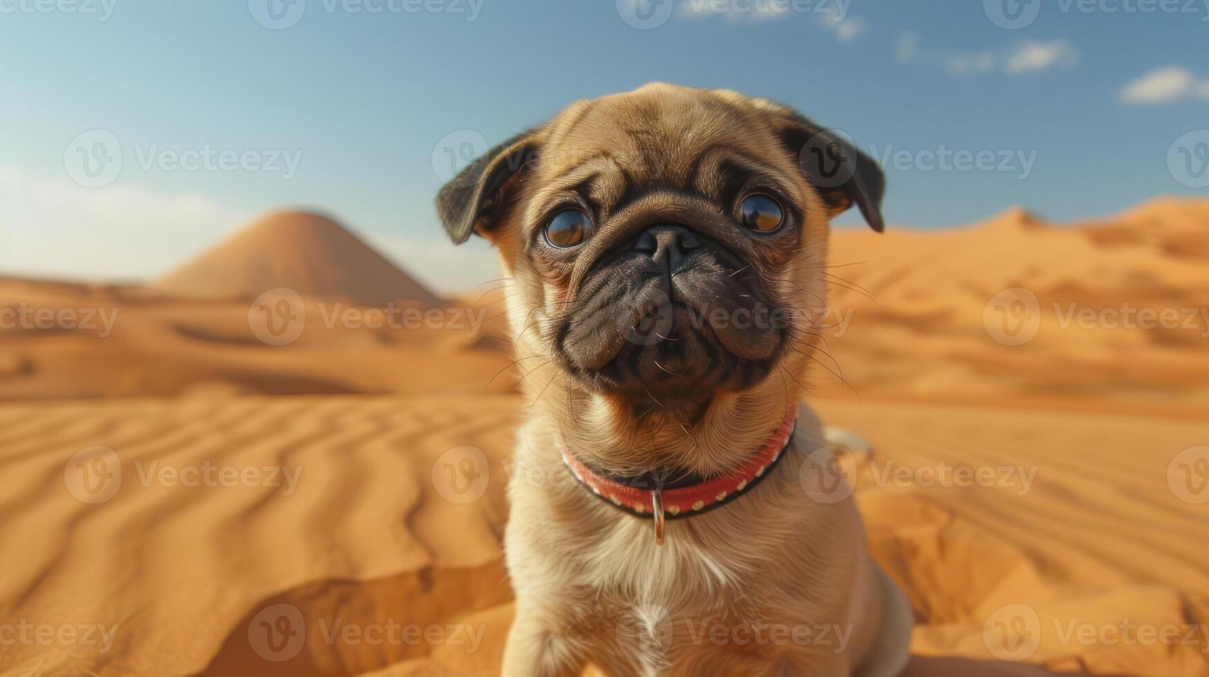 Playful pug sitting on sandy desert landscape with dunes and clear blue sky in background photo