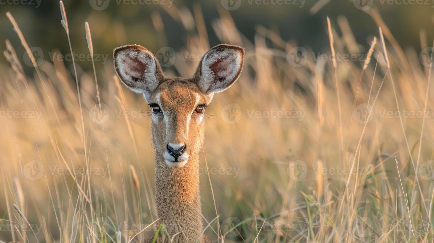 Close-up of a graceful antelope standing in golden grass during sunset, surrounded by nature photo