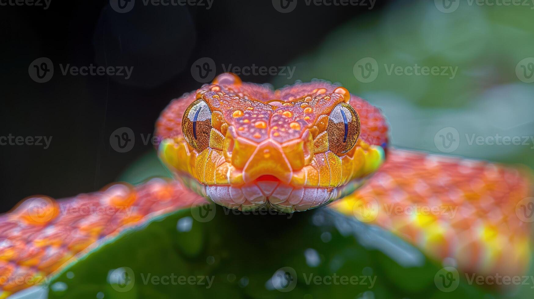 Close-up of a vibrant, water-droplet-covered snake resting on a green leaf in a lush environment photo