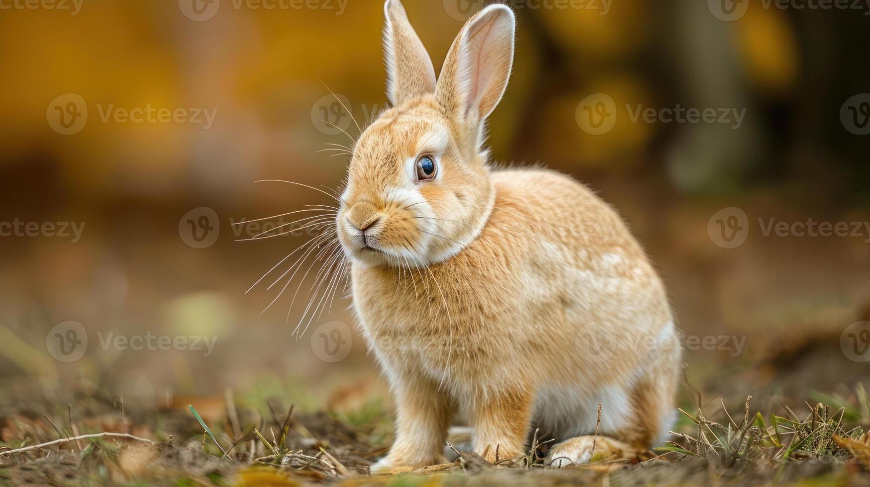 A fluffy rabbit sitting on the ground surrounded by autumn foliage, showcasing nature's beauty photo