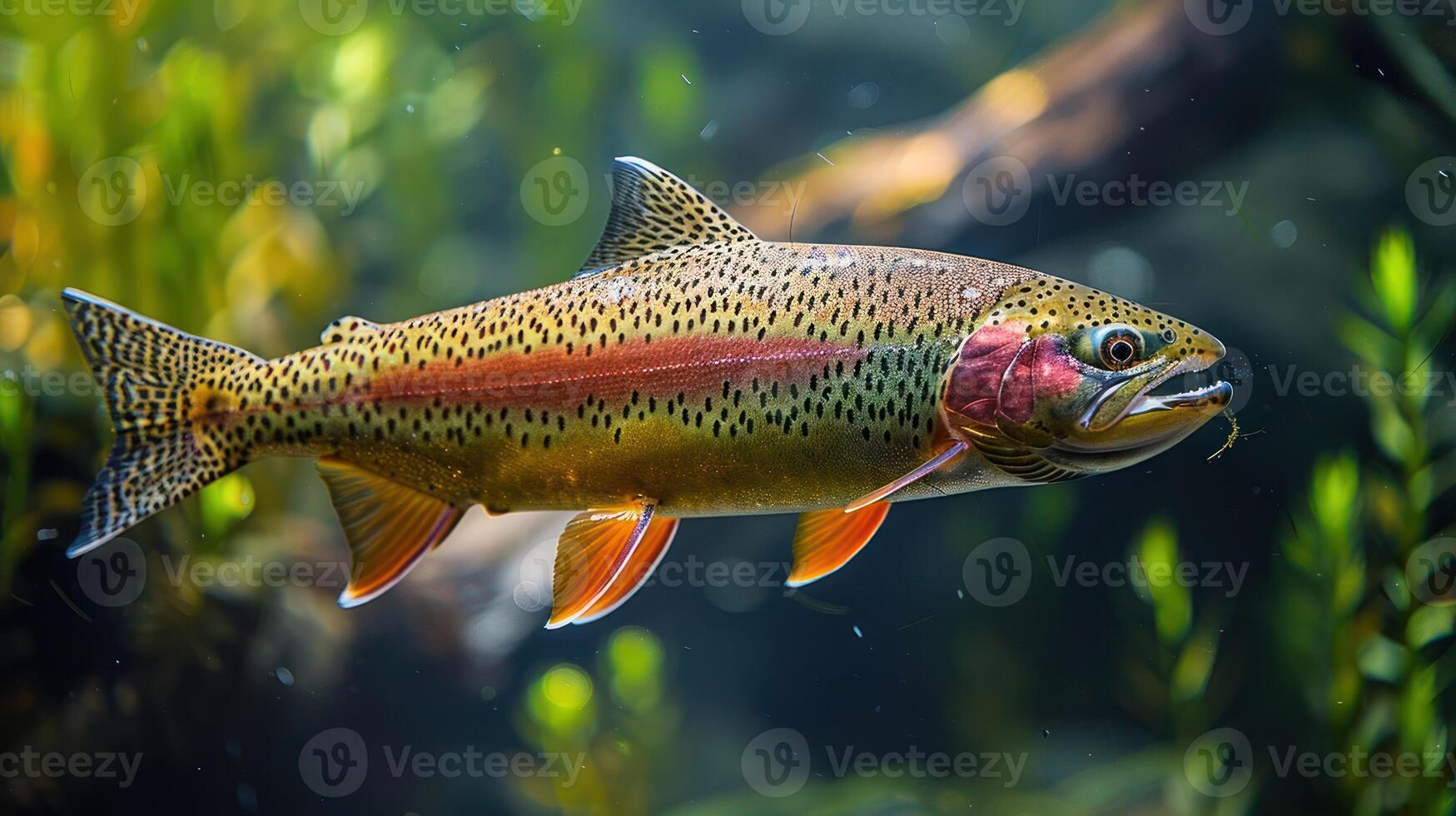 Vibrant rainbow trout swimming gracefully through lush underwater vegetation in a serene environment photo