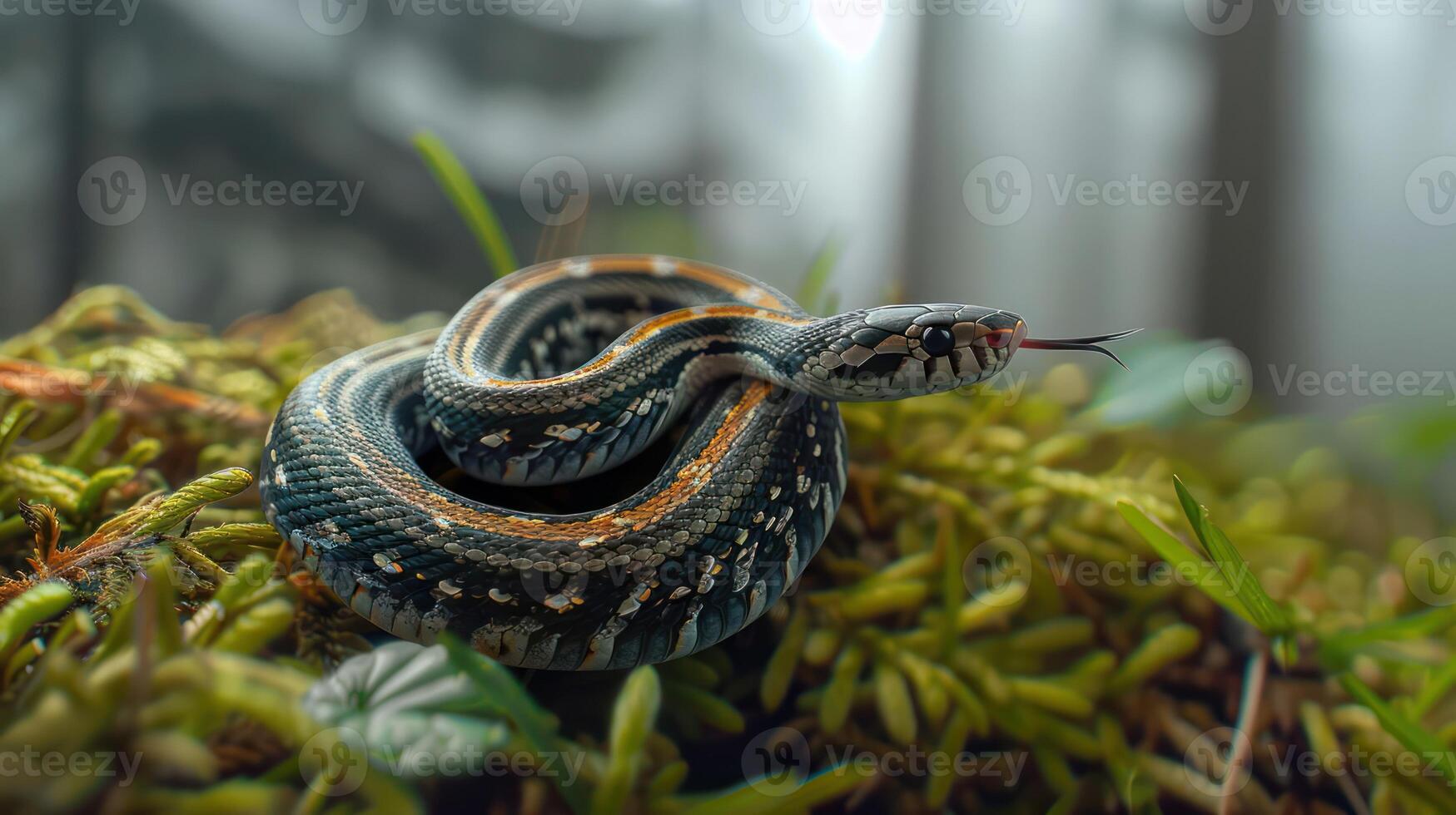Close-up of a colorful snake resting on lush green moss in a serene forest environment photo