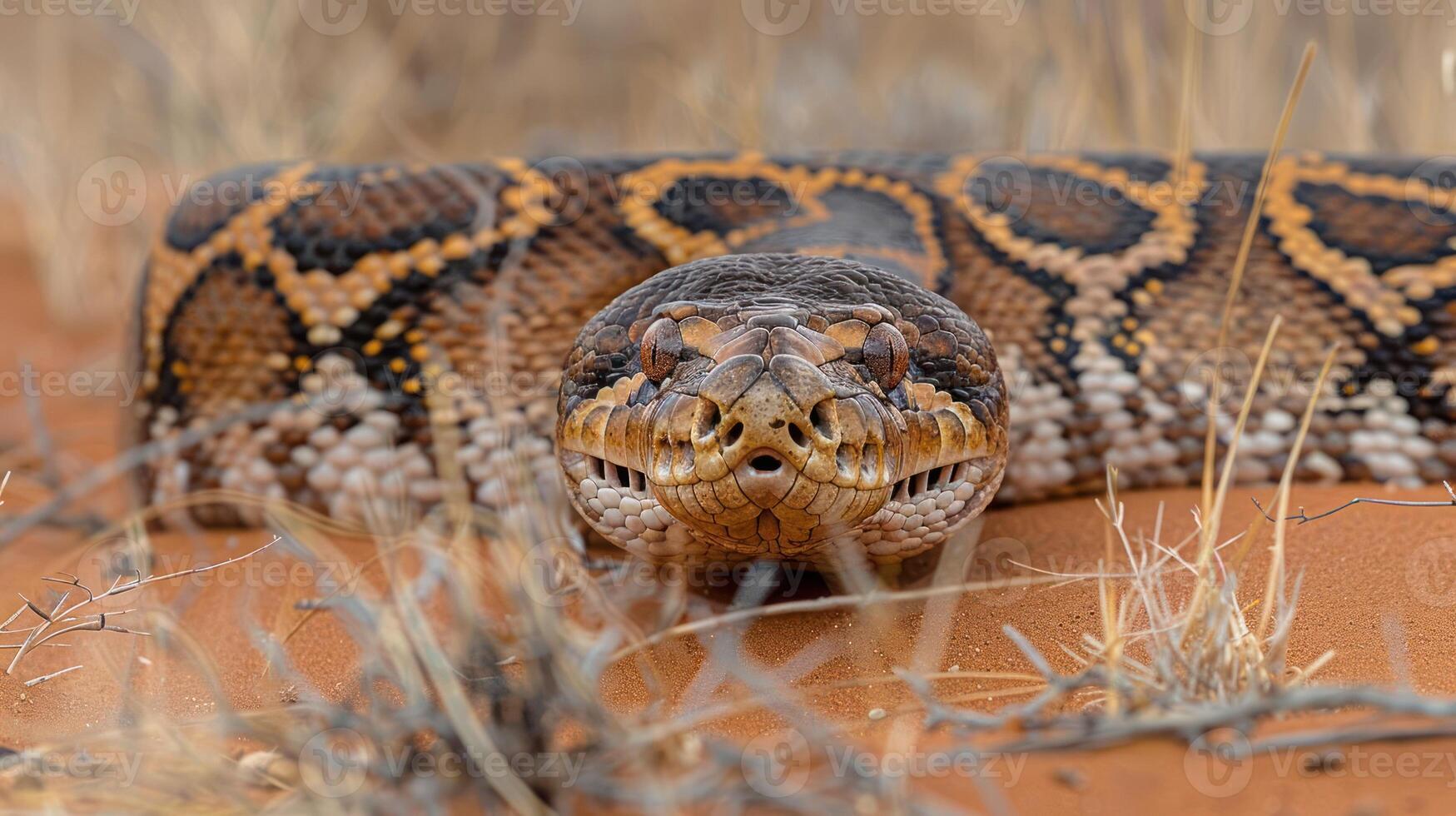 Close-up of a majestic snake resting on sandy terrain, surrounded by dry grass and shrubs photo