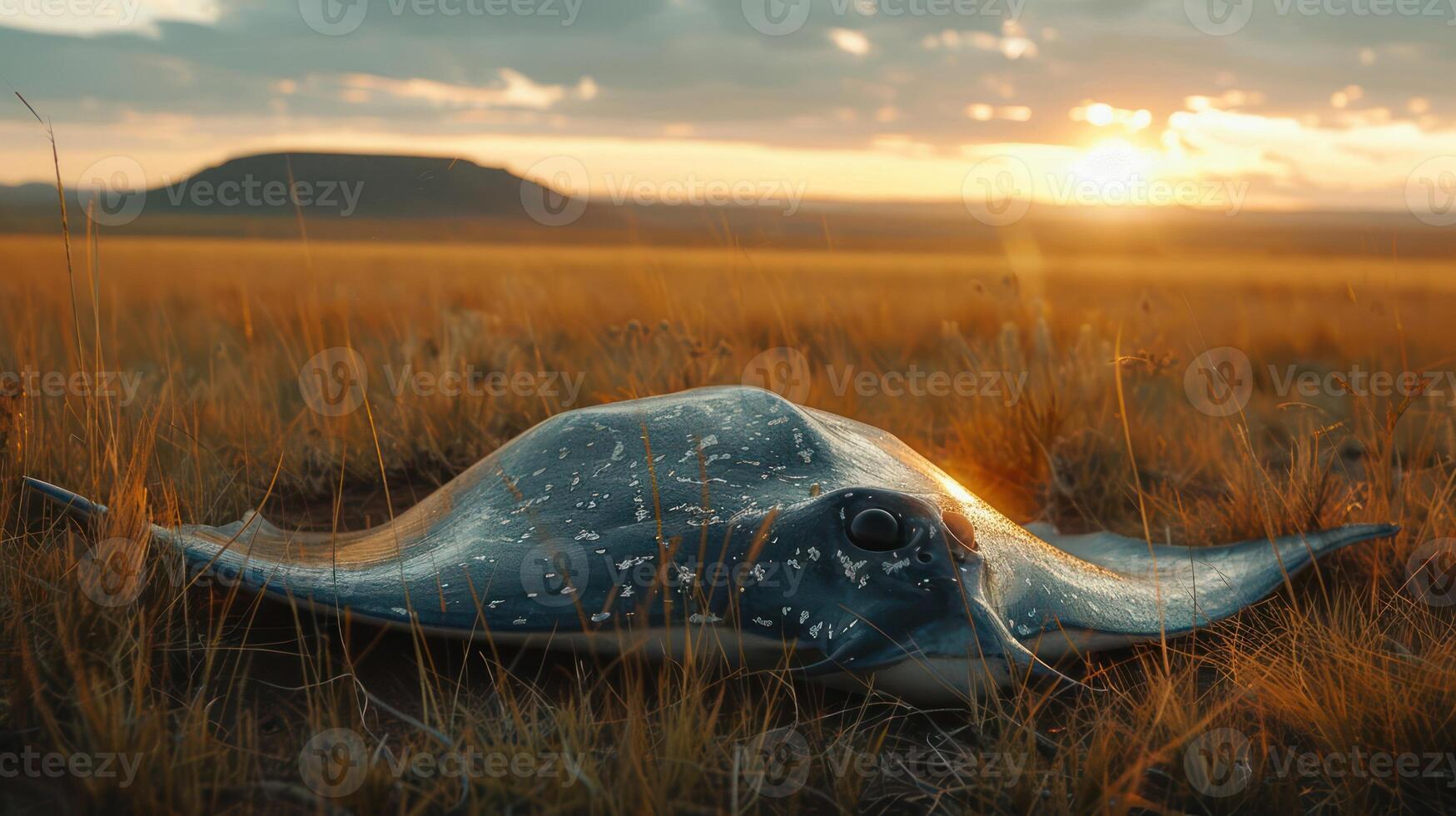 A serene sunset scene featuring a majestic stingray resting on golden grasslands, with hills in the background photo