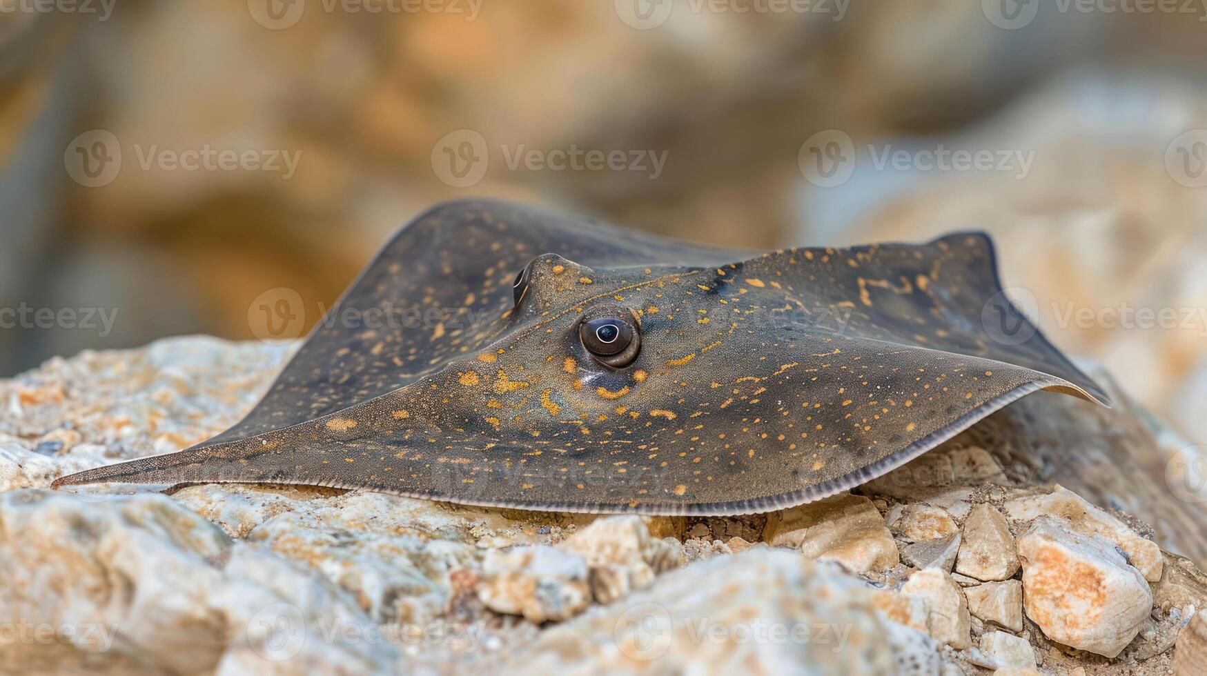 Close-up of a unique stingray resting on rocky seabed, with soft natural lighting highlighting textures photo