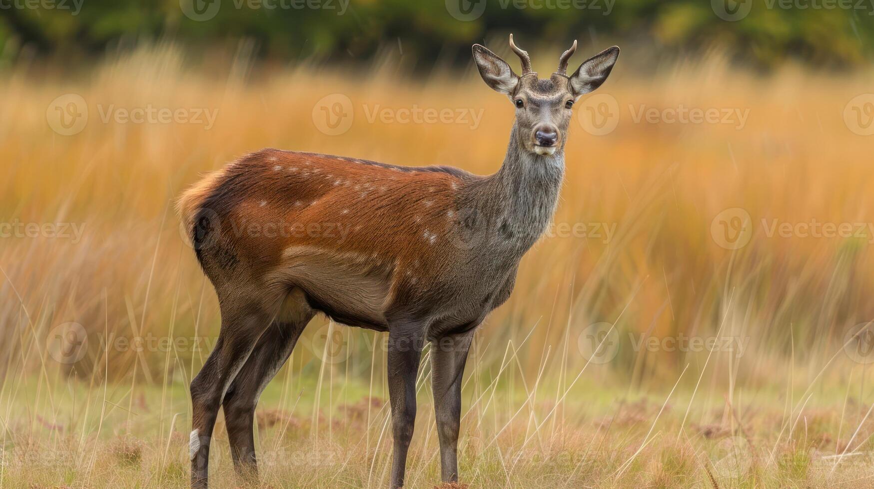 Majestic deer standing gracefully in a golden meadow, surrounded by lush greenery and soft light photo