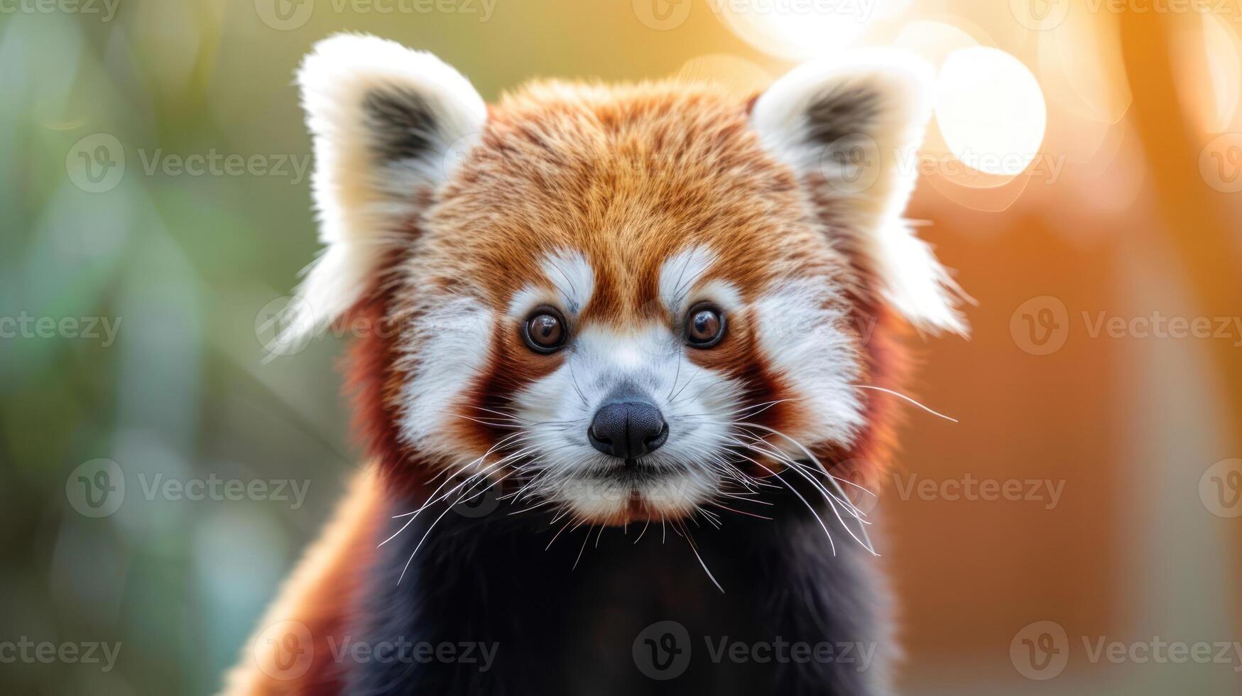 Close-up of a red panda gazing curiously, with a blurred forest backdrop and warm sunlight photo