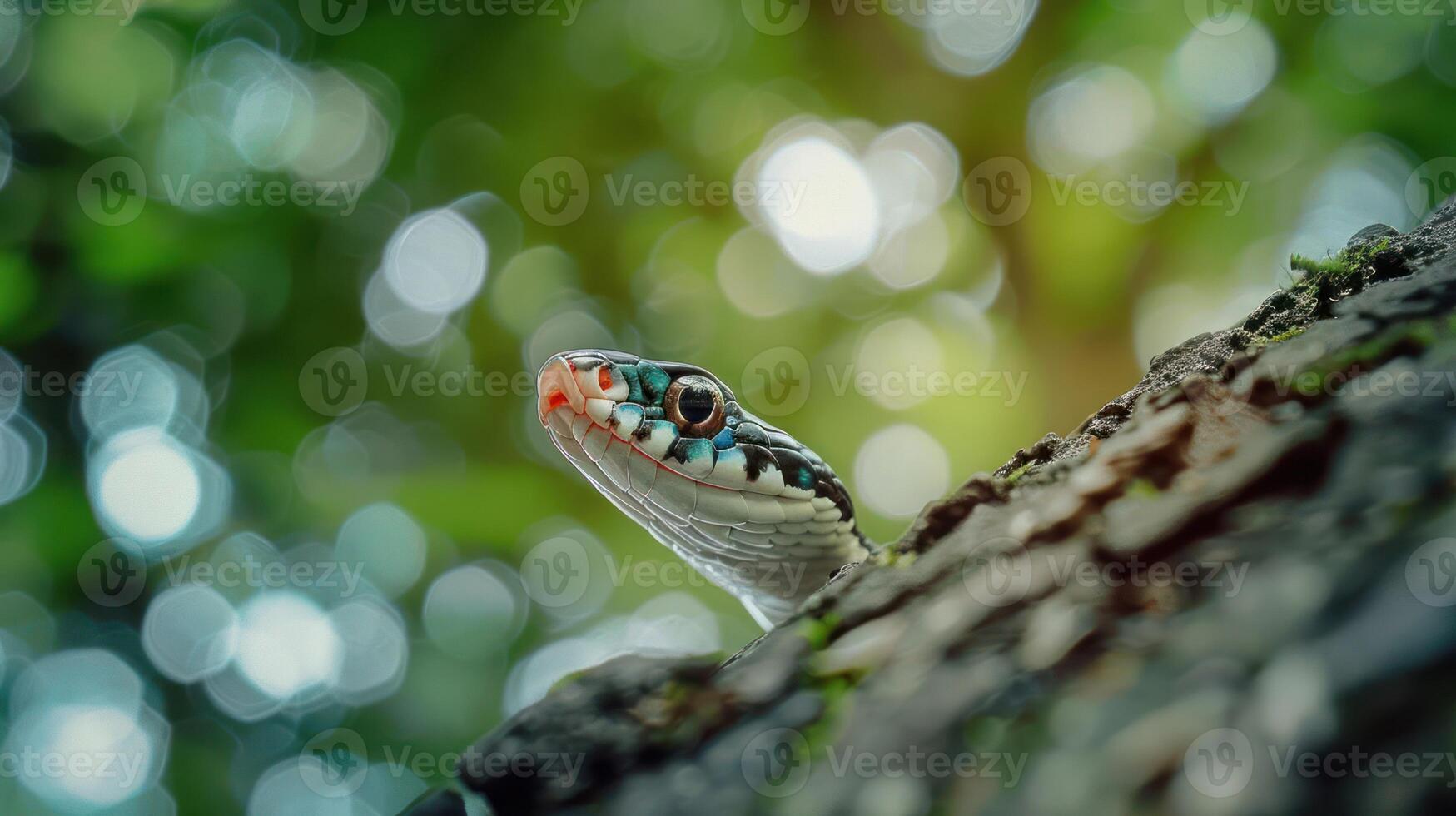 Close-up of a snake peeking from behind a tree trunk in a lush green forest photo