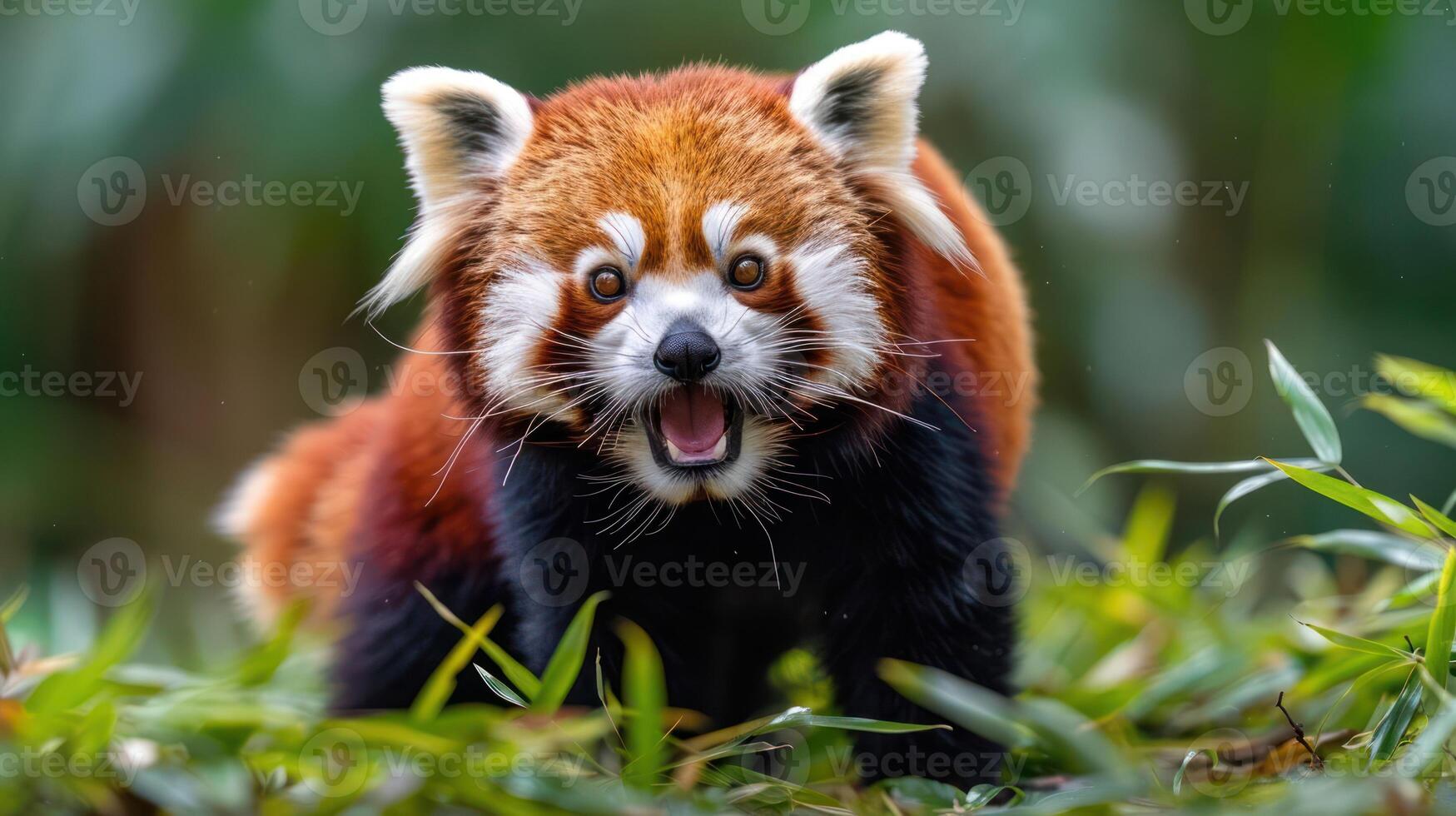 A playful red panda emerging from lush greenery, showcasing its vibrant fur and expressive face photo