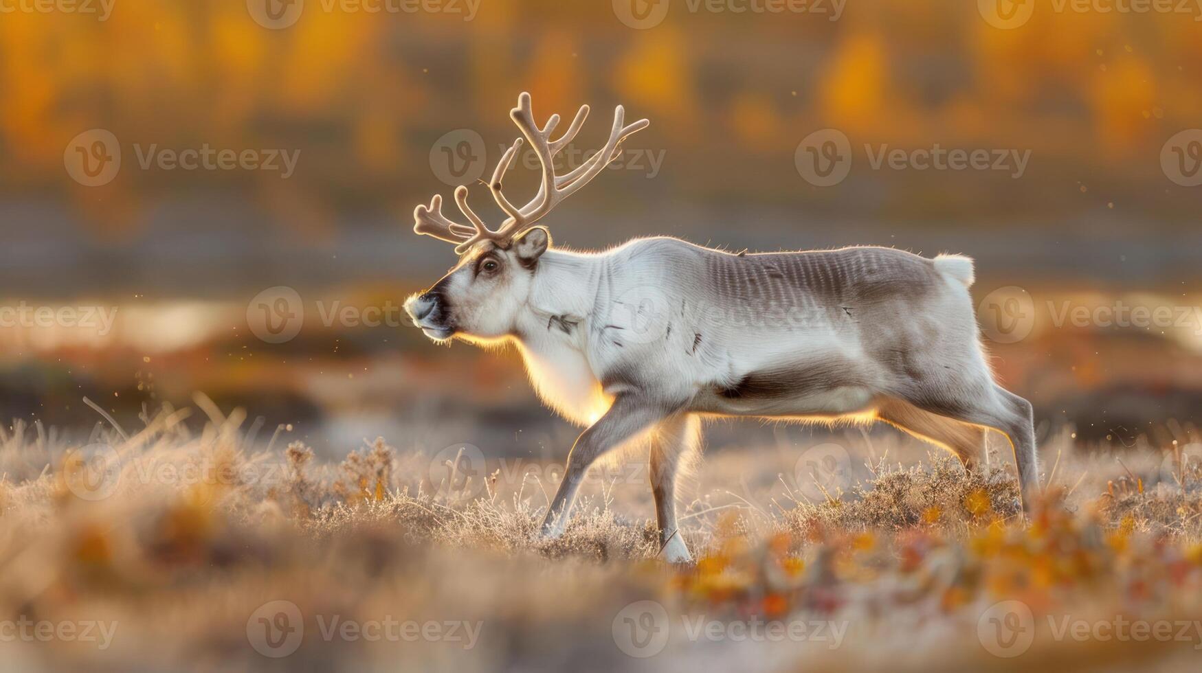 Majestic reindeer walking through a golden autumn landscape with vibrant foliage and serene background photo