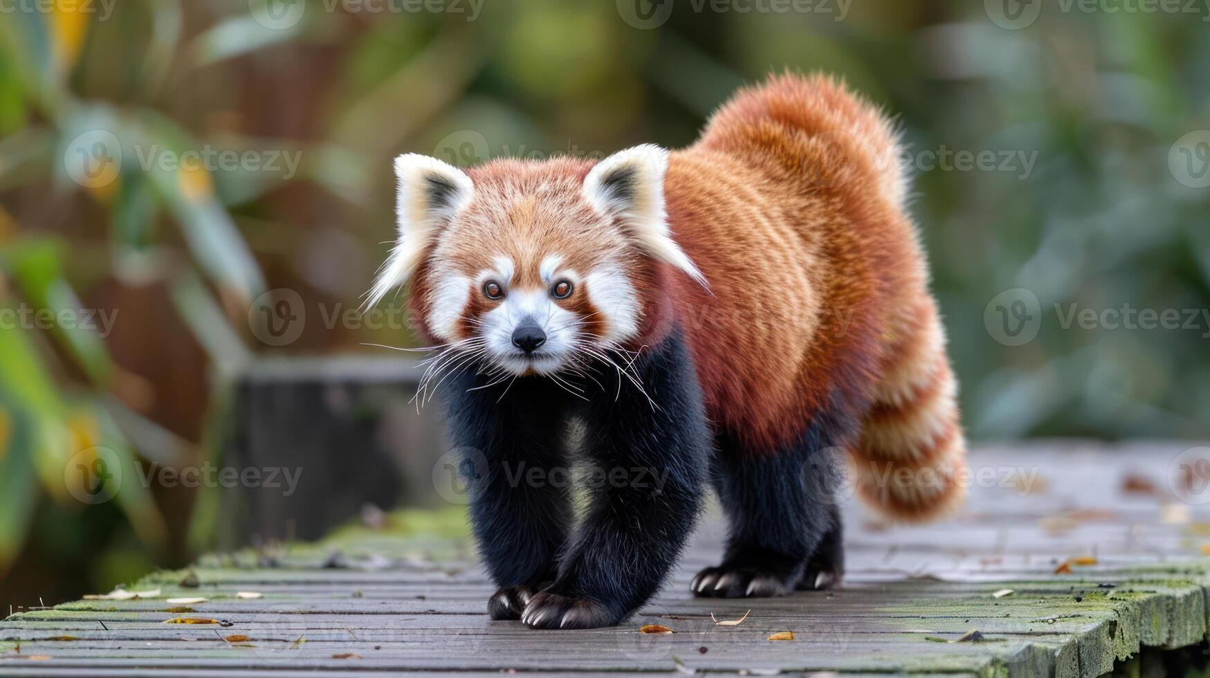 A red panda strolls along a wooden path in a lush green forest, showcasing its vibrant fur and playful demeanor photo