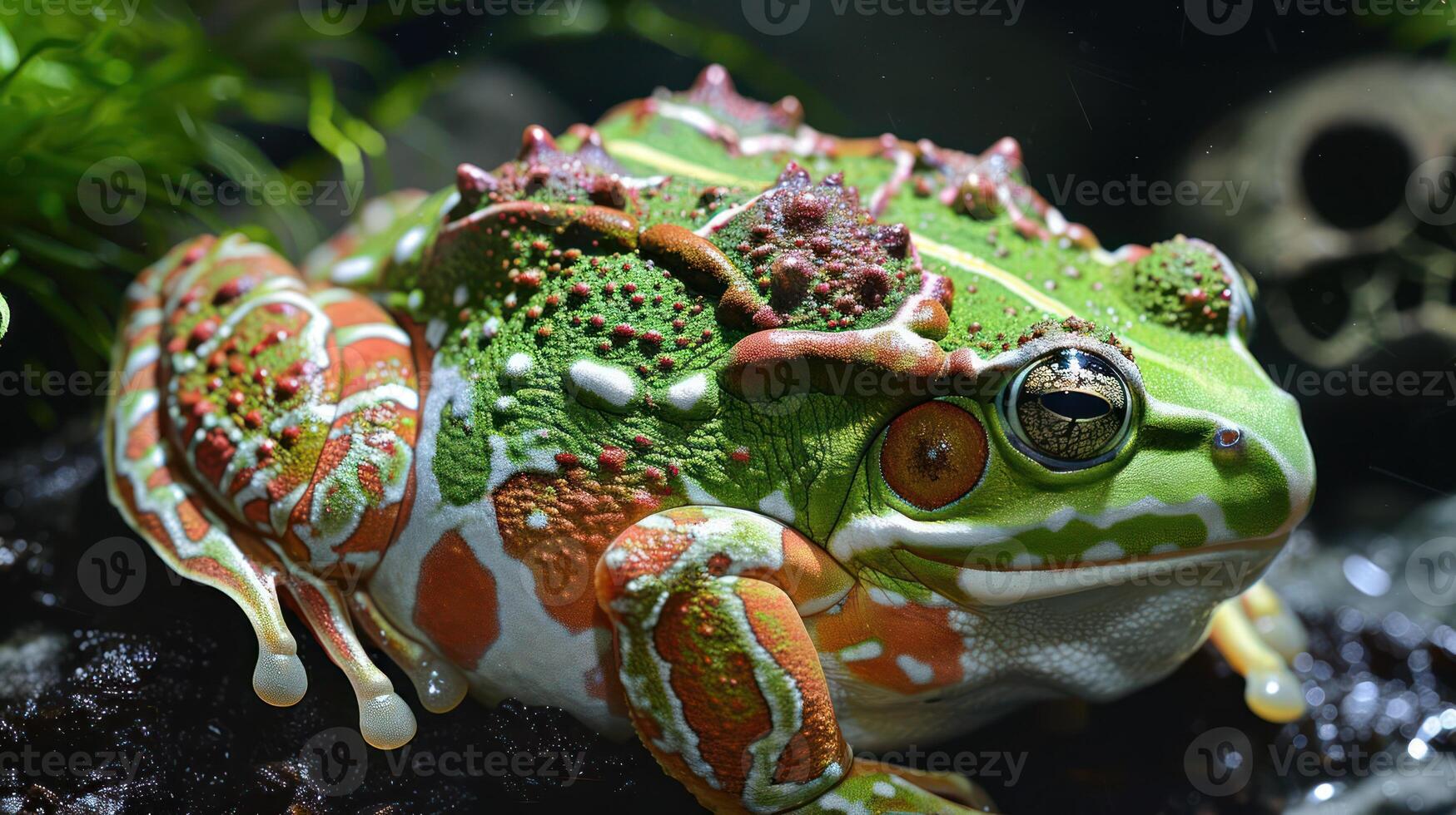 Colorful frog resting on a rock surrounded by aquatic plants in a serene underwater environment photo