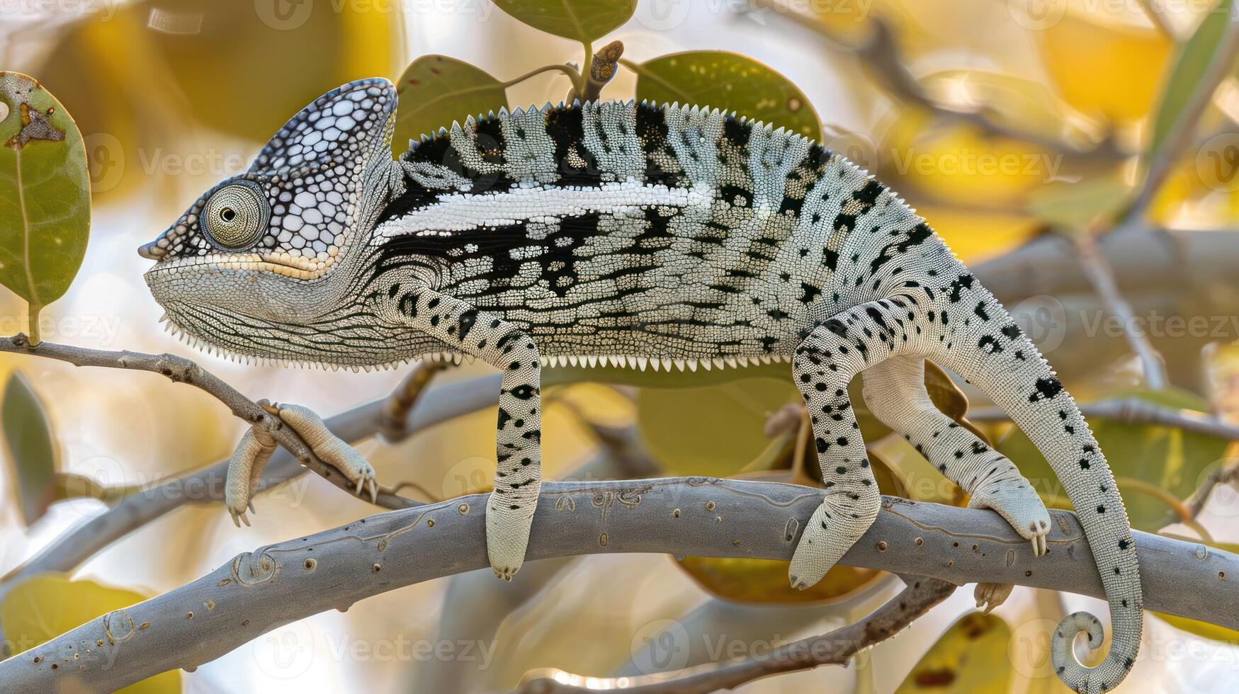 Colorful chameleon perched on a branch amidst vibrant foliage in a natural setting photo
