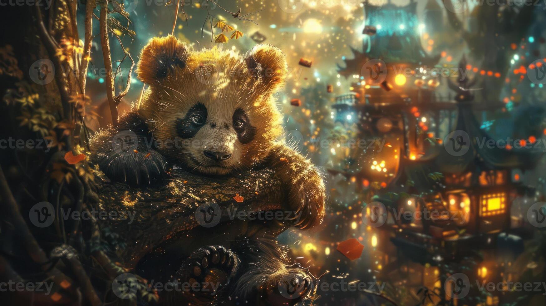 A serene panda resting on a tree branch amidst a vibrant, illuminated forest village at dusk photo