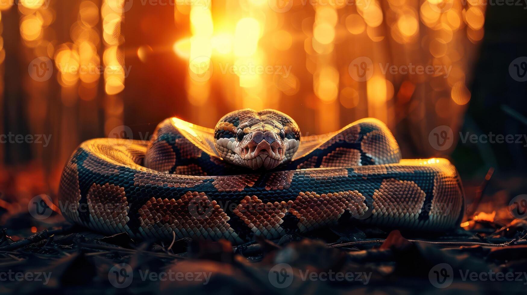 Close-up of a coiled snake in a forest during sunset, highlighting its scales and surroundings photo