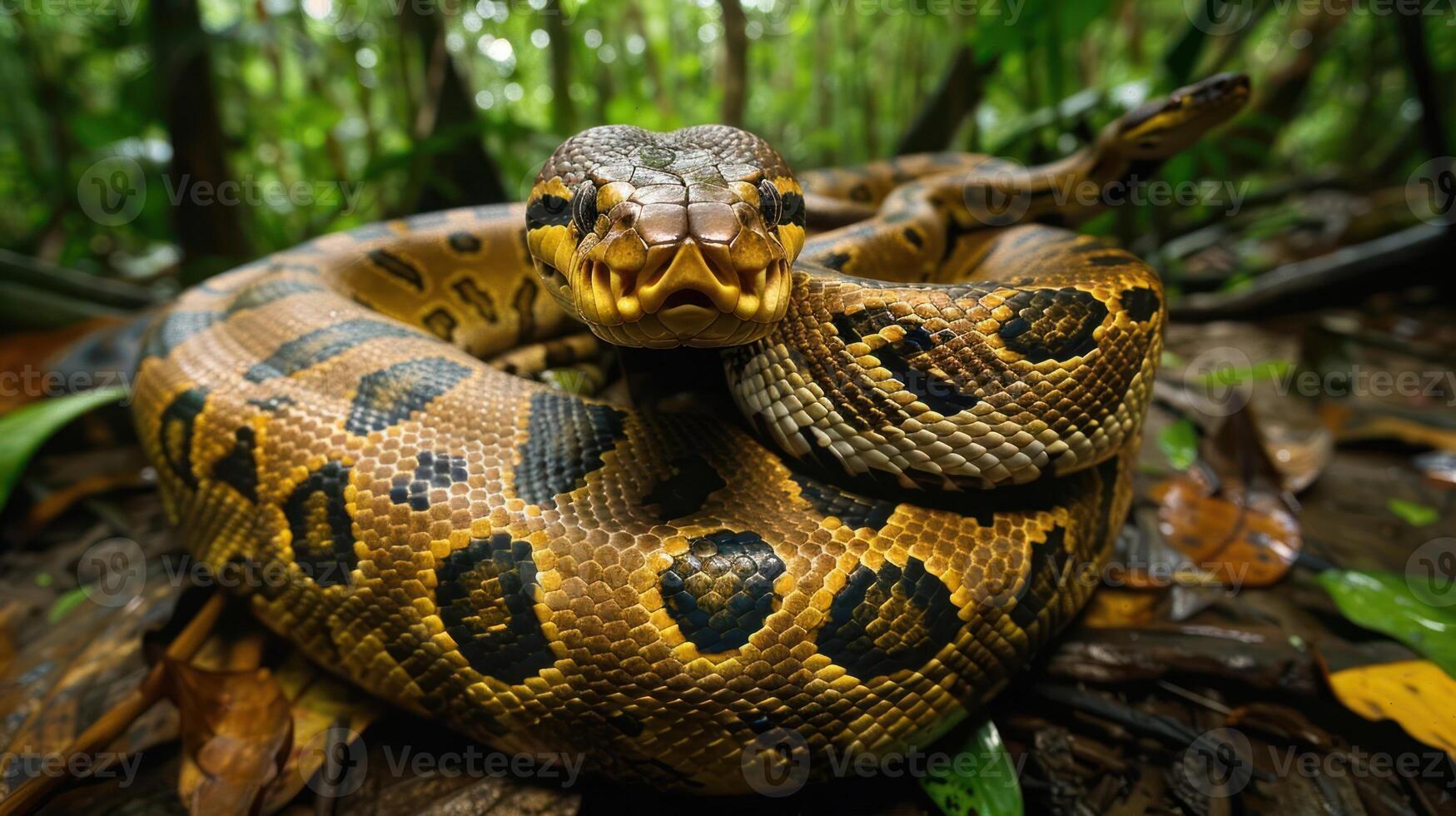 Close-up of a vibrant, coiled snake in a lush rainforest, surrounded by dense foliage and natural elements photo