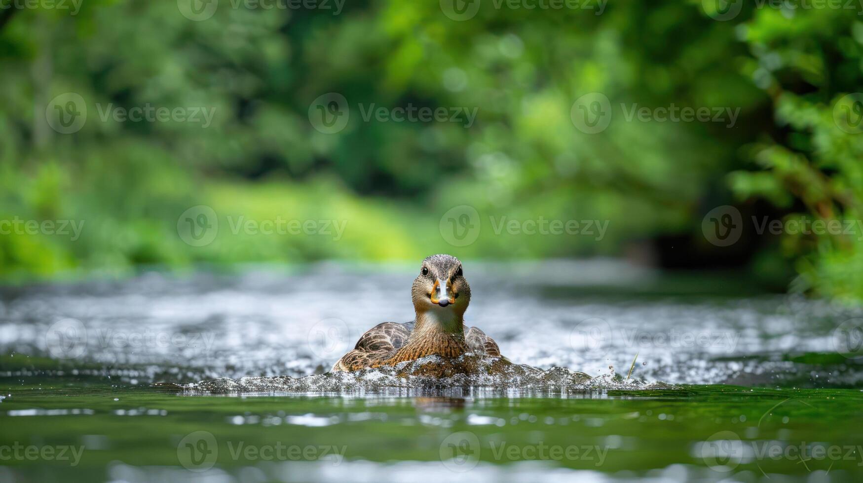 A serene duck swimming gracefully in a lush green river, surrounded by vibrant nature photo