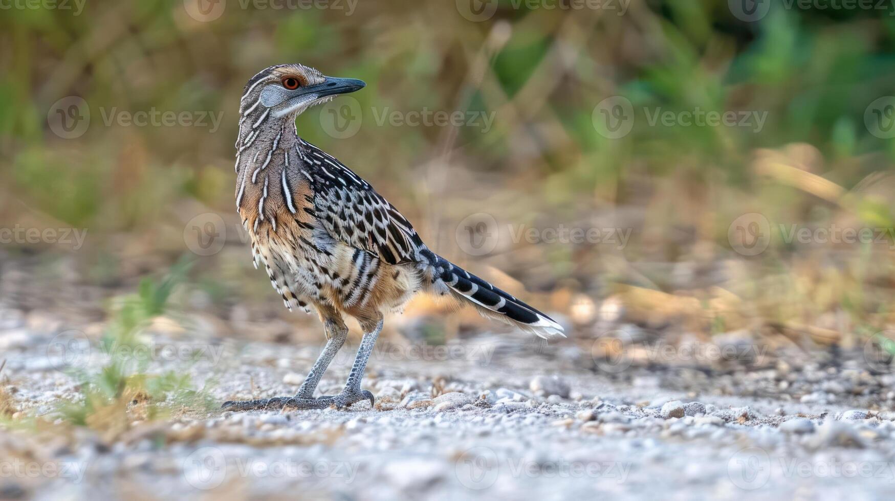 A vibrant bird stands on a gravel path amidst blurred greenery, showcasing its unique feathers photo