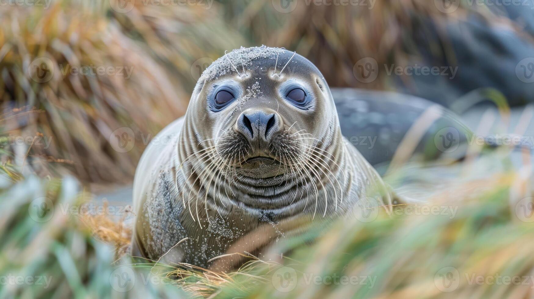 Close-up of a curious seal resting among green coastal vegetation by the shore photo