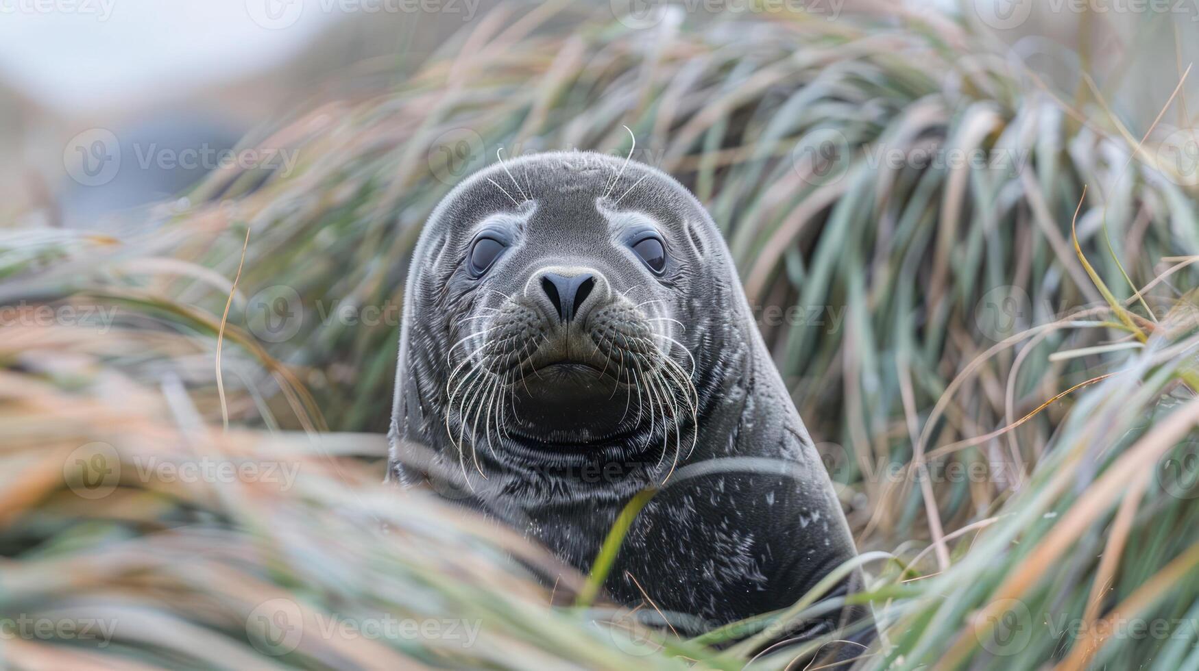 Close-up of a seal nestled among lush coastal grass, with a serene ocean backdrop photo
