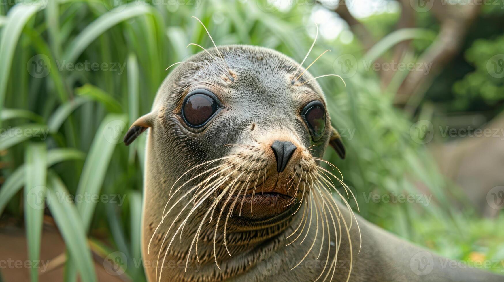 Close-up of a curious seal amidst lush greenery in a tranquil natural setting photo