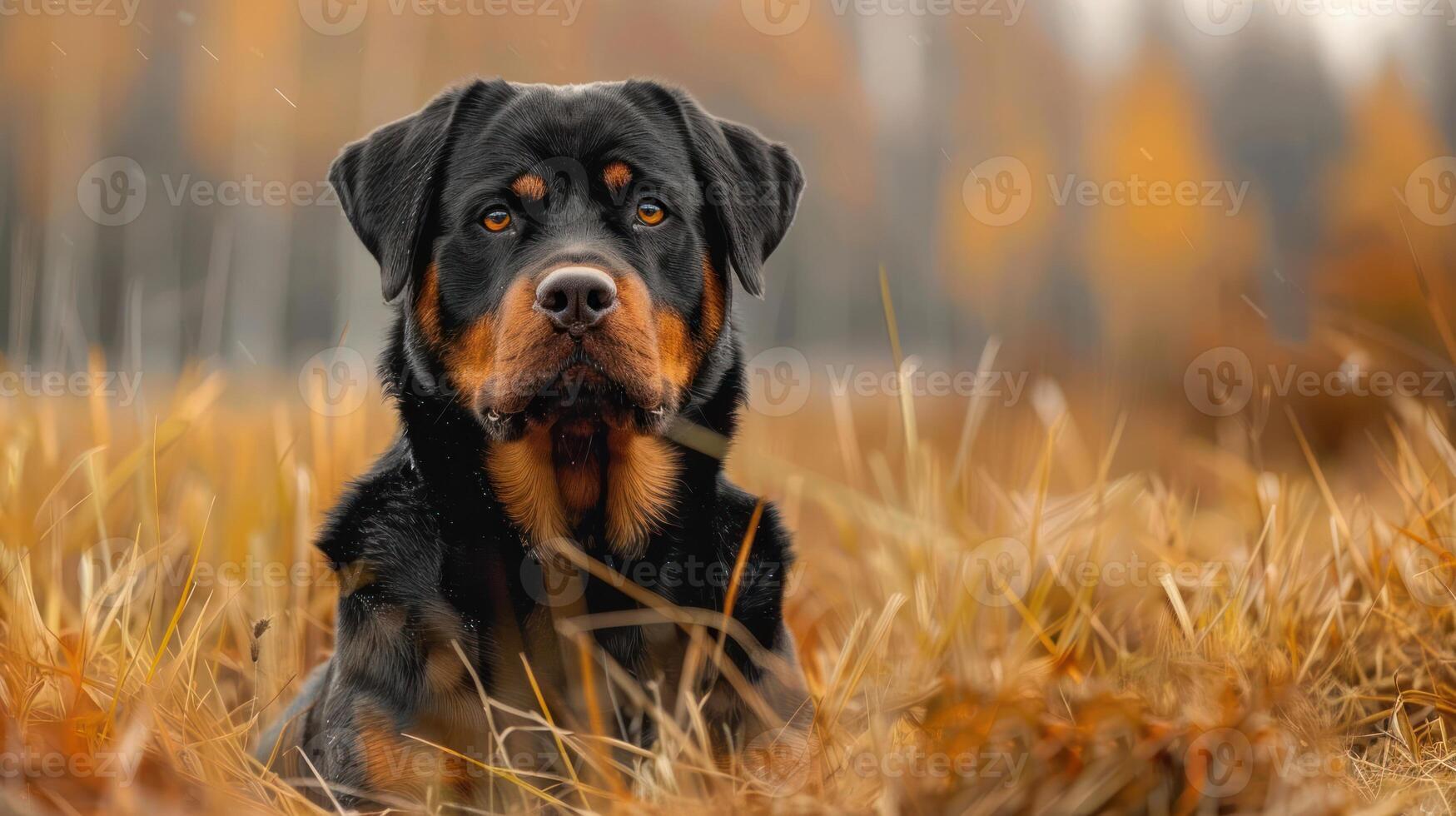 Majestic Rottweiler resting in a golden autumn field, surrounded by vibrant foliage and soft light photo