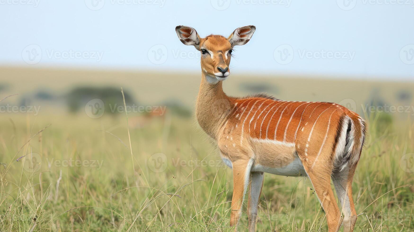 A graceful antelope stands in the lush green grasslands under a clear blue sky photo