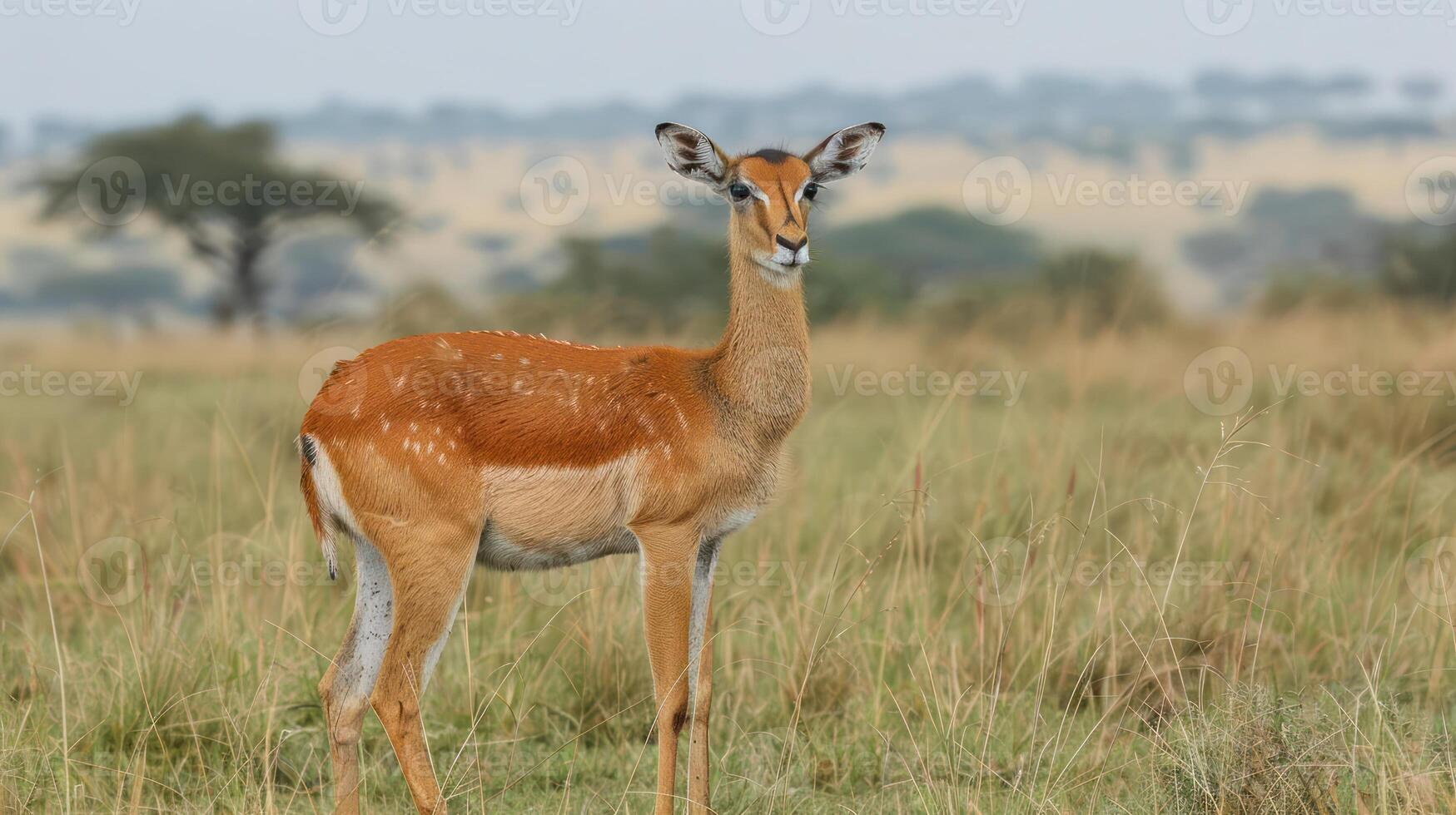 A graceful antelope stands alert in a lush, green savannah landscape under a clear sky photo