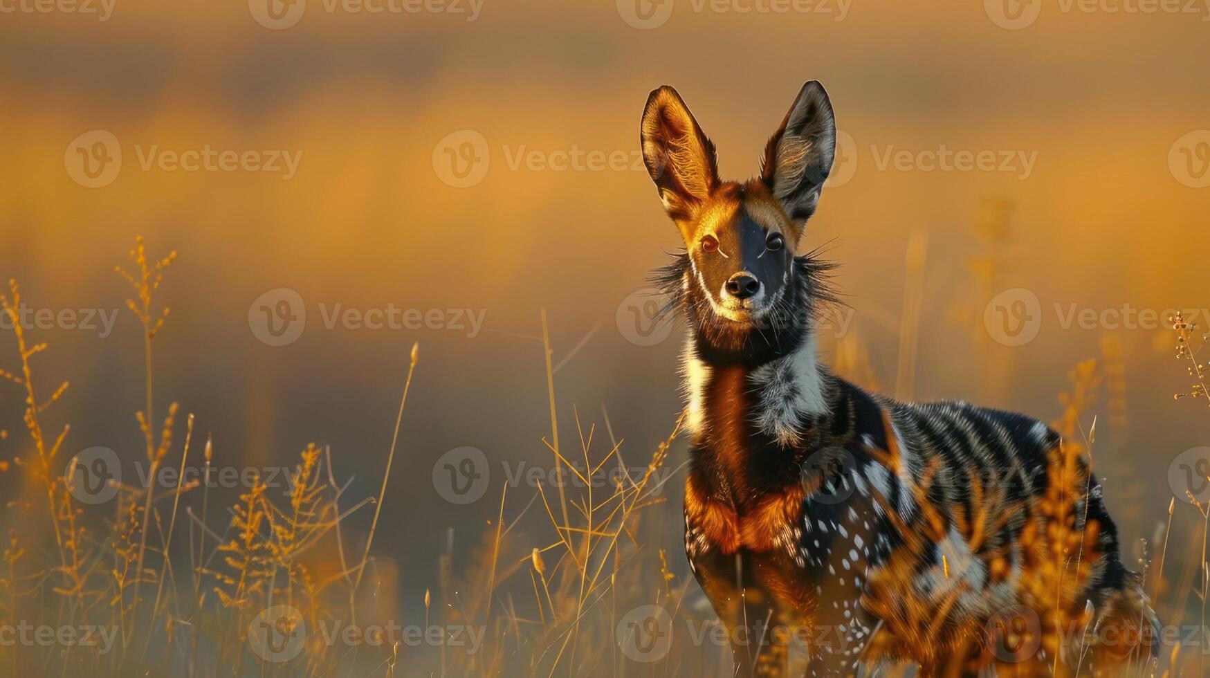 A striking wild animal stands in a golden field during sunset, surrounded by tall grasses photo
