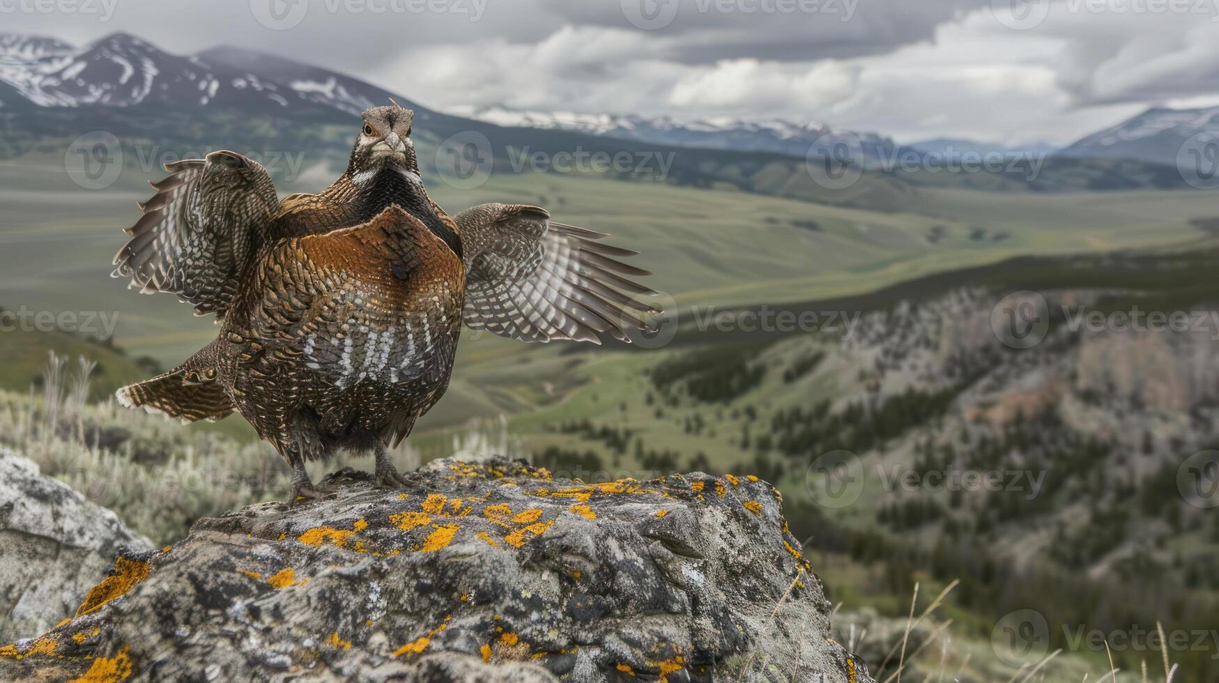 Majestic bird displaying its feathers on a rocky outcrop with a breathtaking mountainous backdrop photo