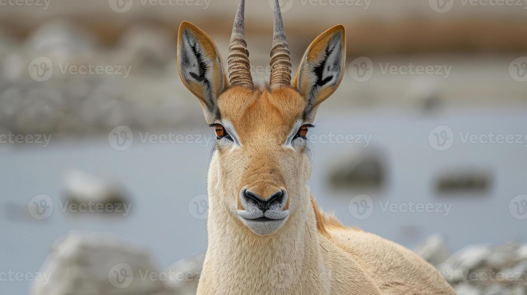 Close-up of a graceful antelope gazing at the camera near a serene water body surrounded by rocks photo