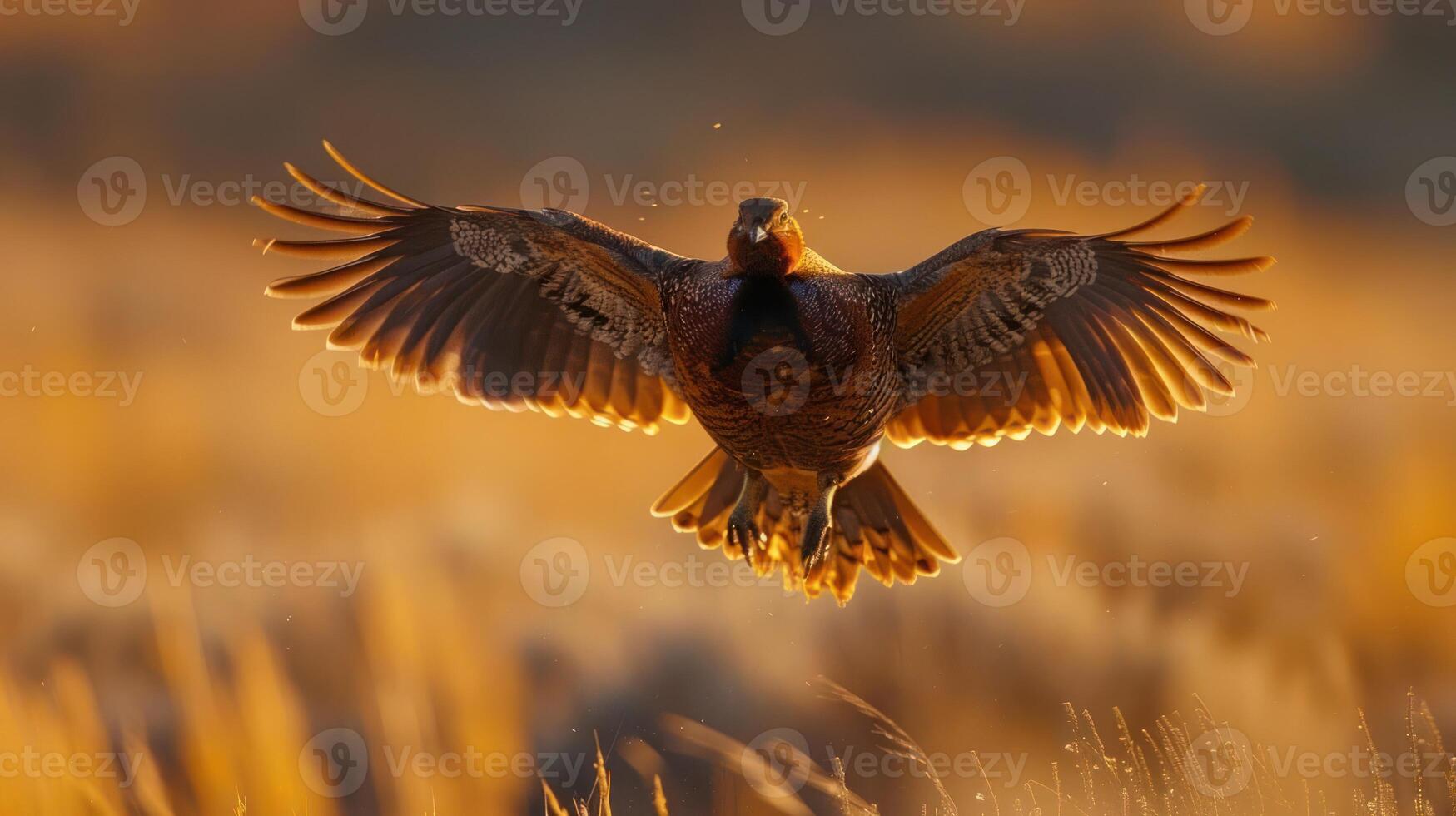 Majestic bird soaring through golden grasslands at sunset, showcasing natural beauty and freedom photo