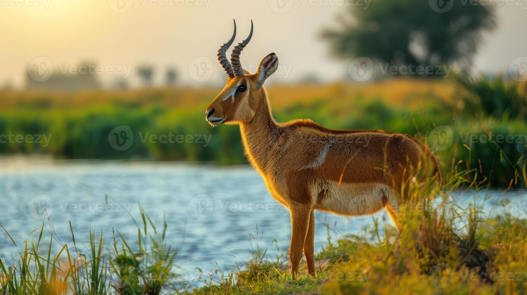 Majestic antelope standing by a serene river at sunset, surrounded by lush greenery and wildlife photo