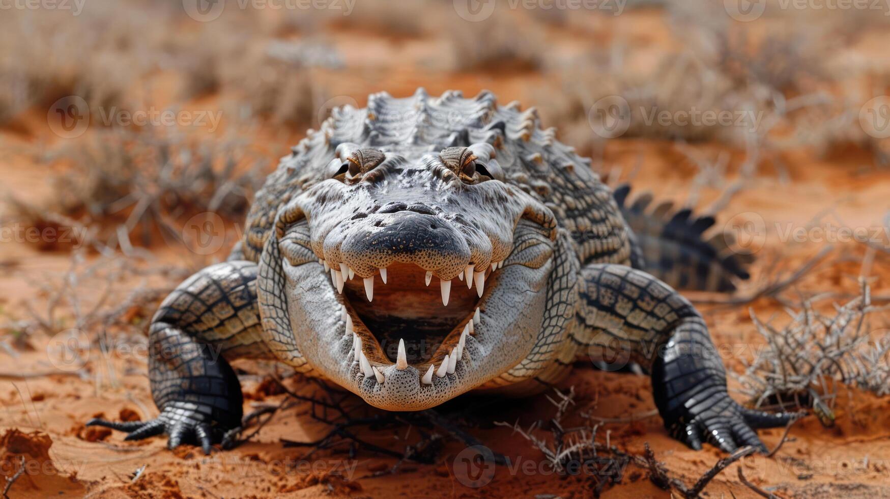 A fierce crocodile emerging from the sandy terrain, showcasing its sharp teeth and textured skin, with dry vegetation in the background photo
