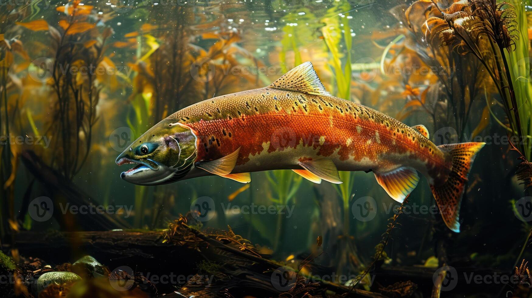 Vibrant underwater scene featuring a salmon swimming amidst lush aquatic vegetation photo