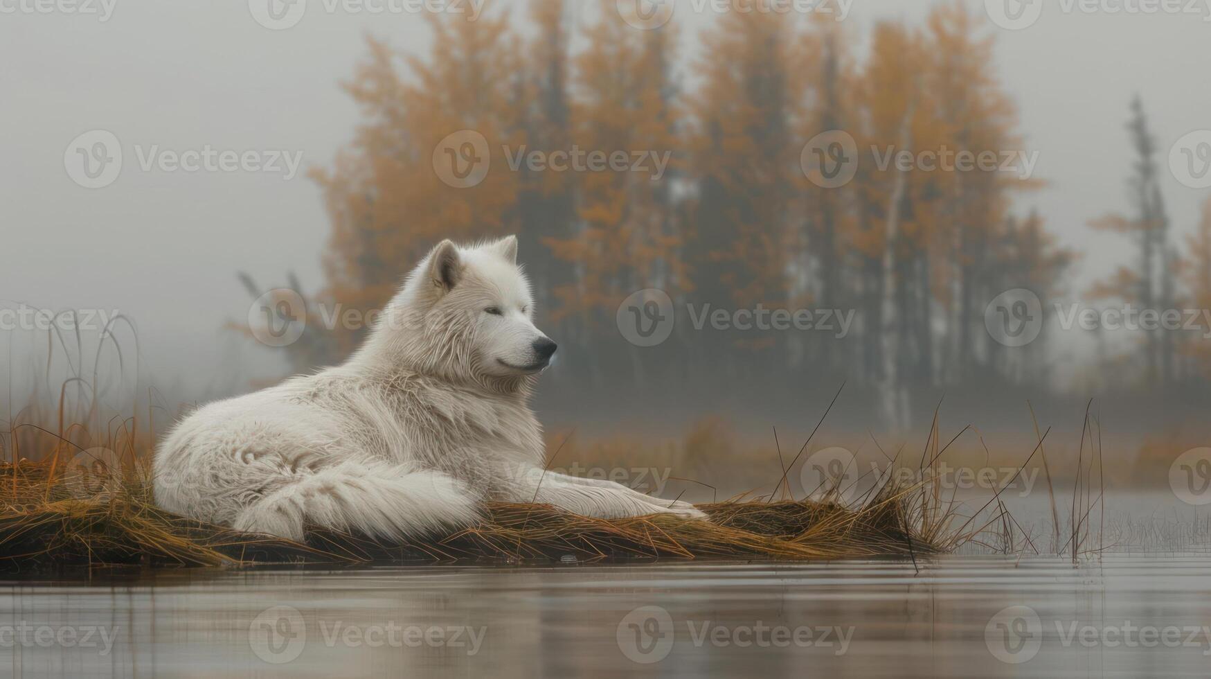 Serene white dog resting on a foggy lakeshore with autumn trees in the background photo